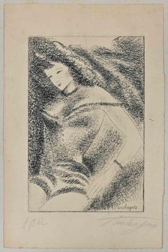 La mujer que posa - Litografía original de Louis Touchagues - Mediados del siglo XX