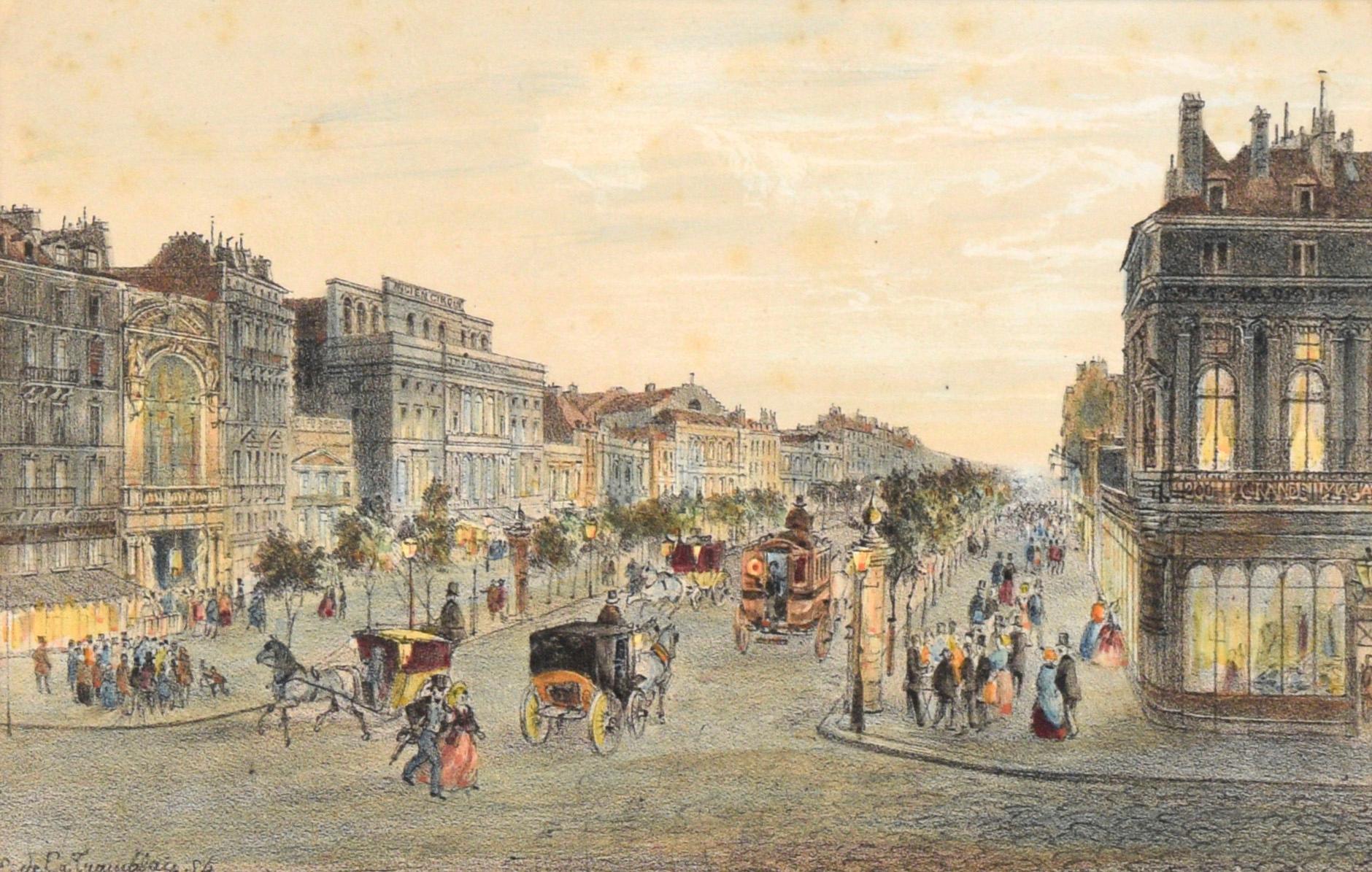 Boulevard du Temple, Paris, France - Lithographie coloriée à la main - Print de Louis Valentin Emile de La Tramblais