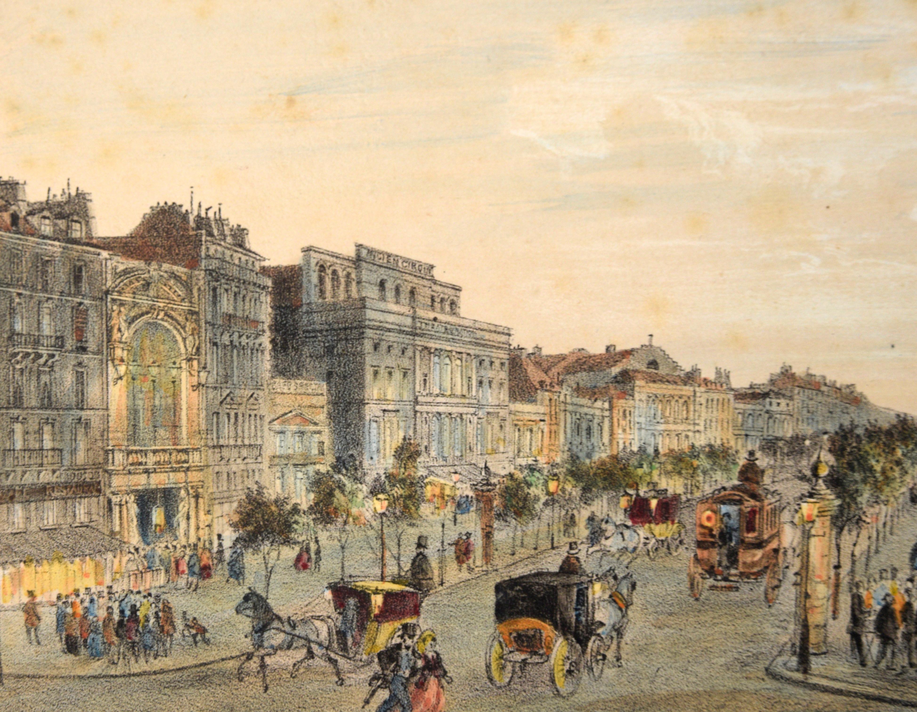 Boulevard du Temple, Paris, Frankreich - Handkolorierte Lithografie

Detaillierte Lithografie einer Pariser Straßenszene von Louis Valentin Emile de La Tramblais (Französisch, 1821-1892). Dieses Werk stammt aus einem Buch mit ähnlichen