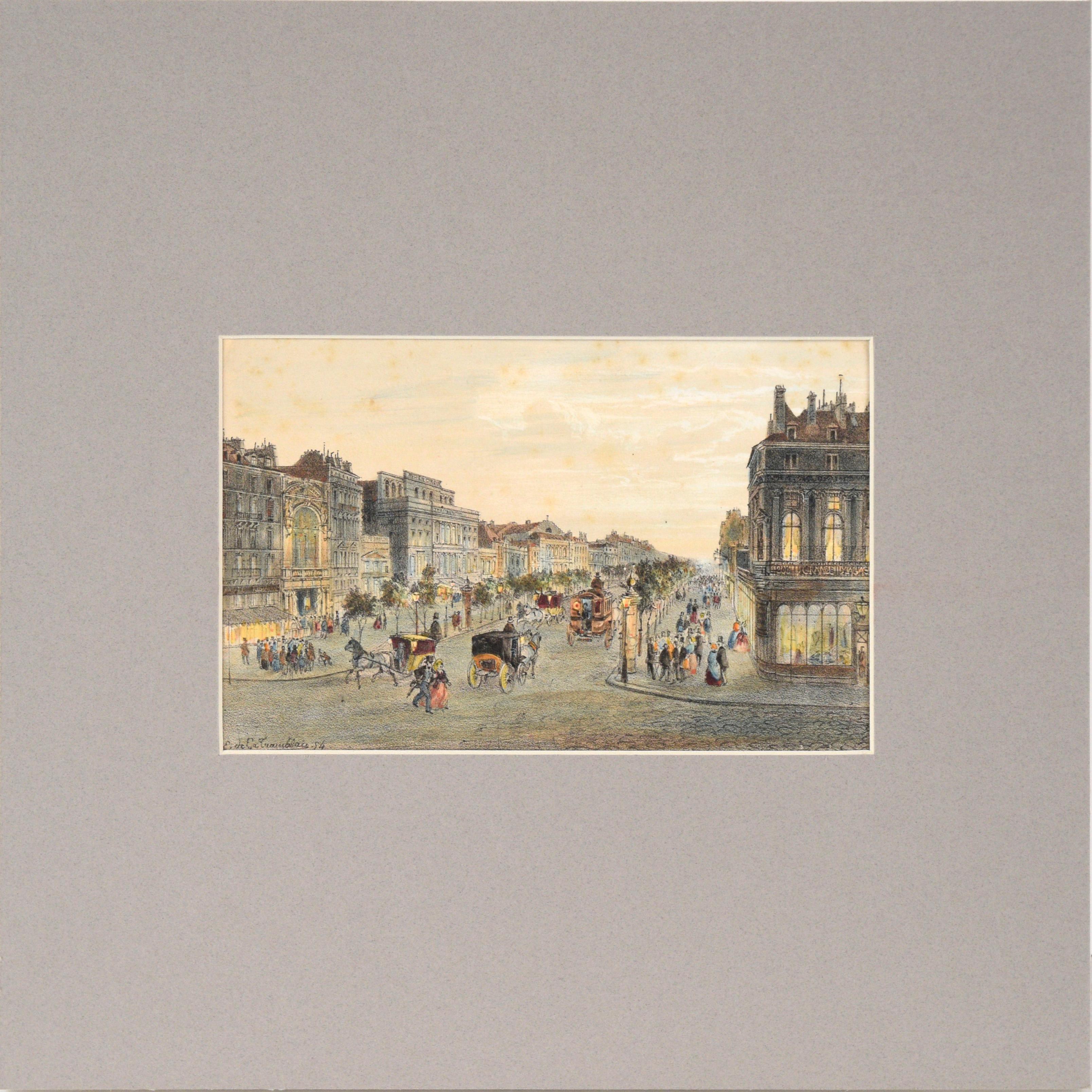 Louis Valentin Emile de La Tramblais Figurative Print – Boulevard du Temple, Paris, Frankreich - Handkolorierte Lithografie