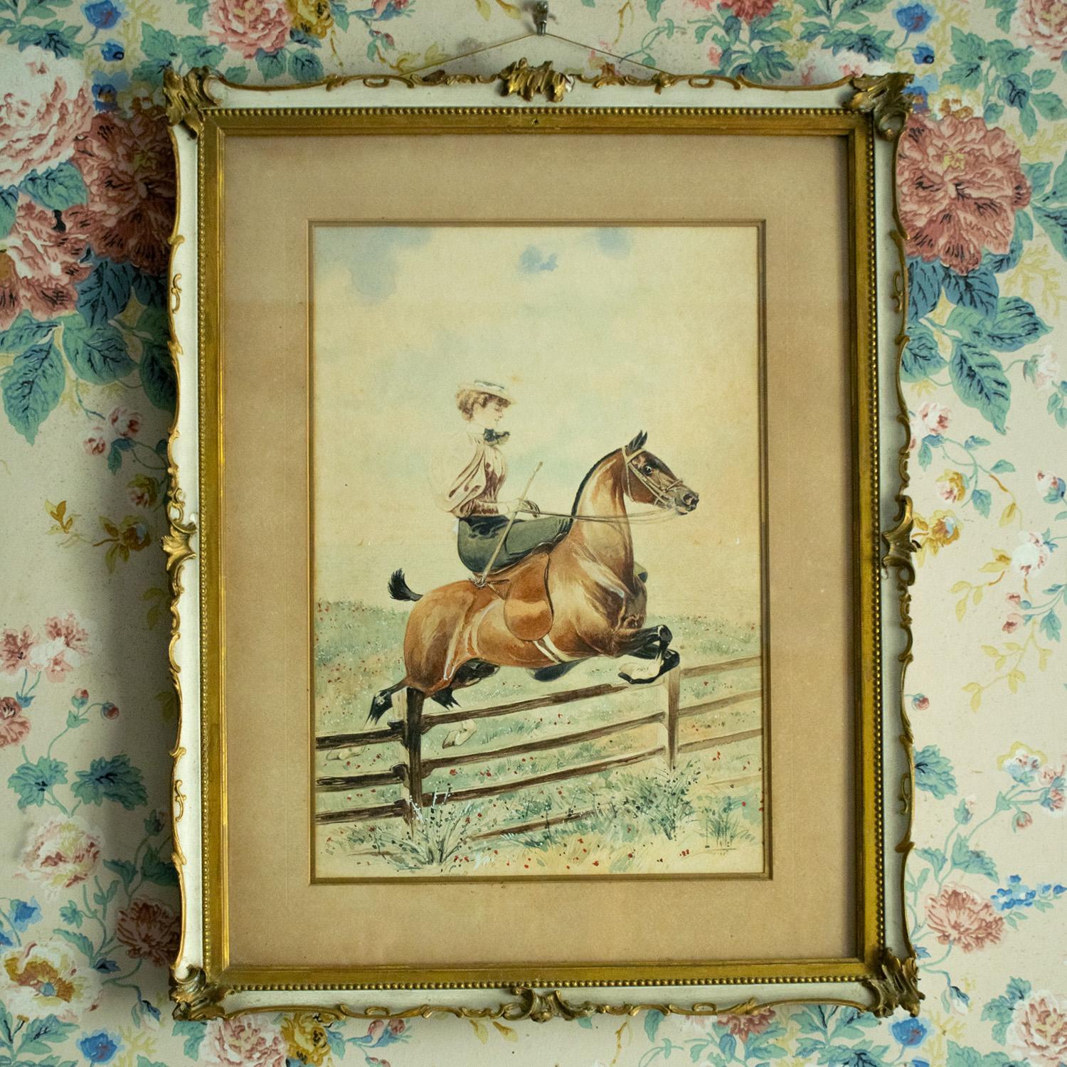 Wood Louis VALLET (1856-1940) Side-saddle horse rider, watercolour, signed 1895 For Sale