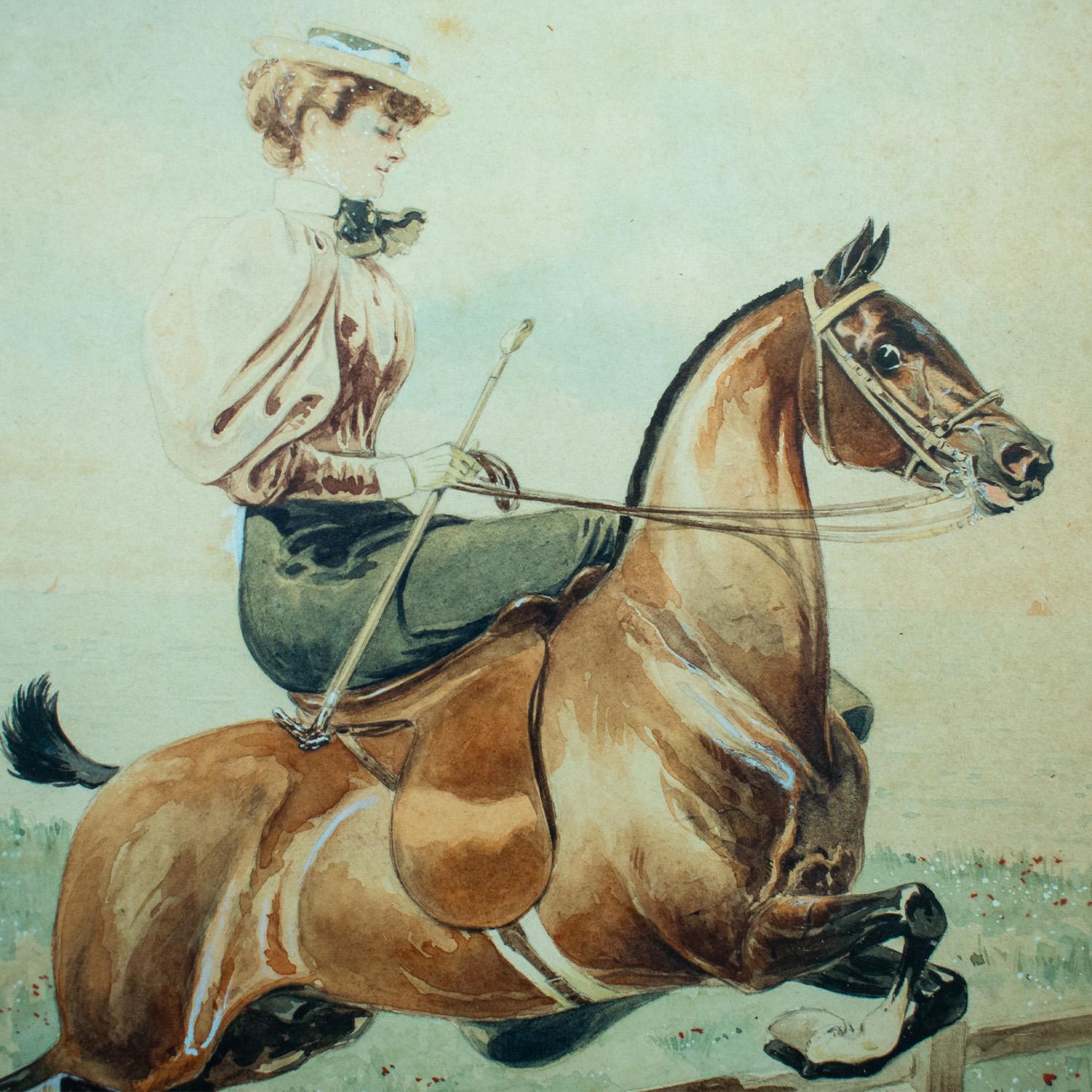 Louis VALLET (1856-1940)
Side-saddle lady rider jumping a fence. The rider wearing period dress with a white polka dot veil.
Watercolour signed and dated lower right - 1895.
Size: 38 x 25.5cm

Framed and mounted in a very attractive period moulded
