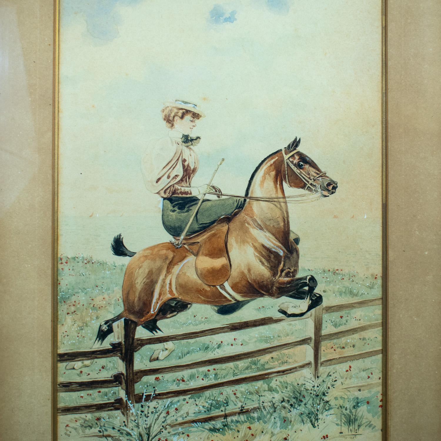 French Louis VALLET (1856-1940) Side-saddle horse rider, watercolour, signed 1895 For Sale