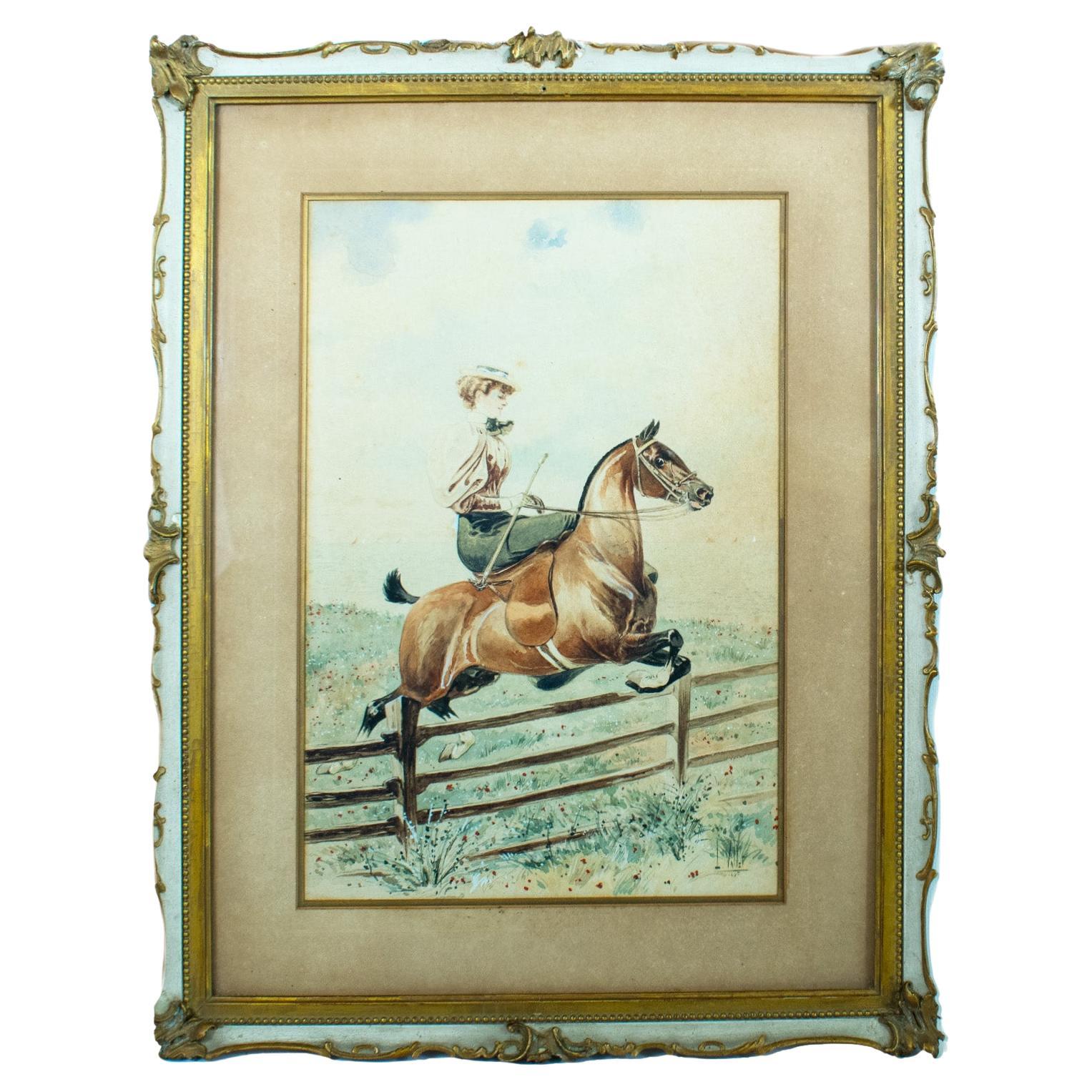 Louis VALLET (1856-1940) Side-saddle horse rider, watercolour, signed 1895 For Sale