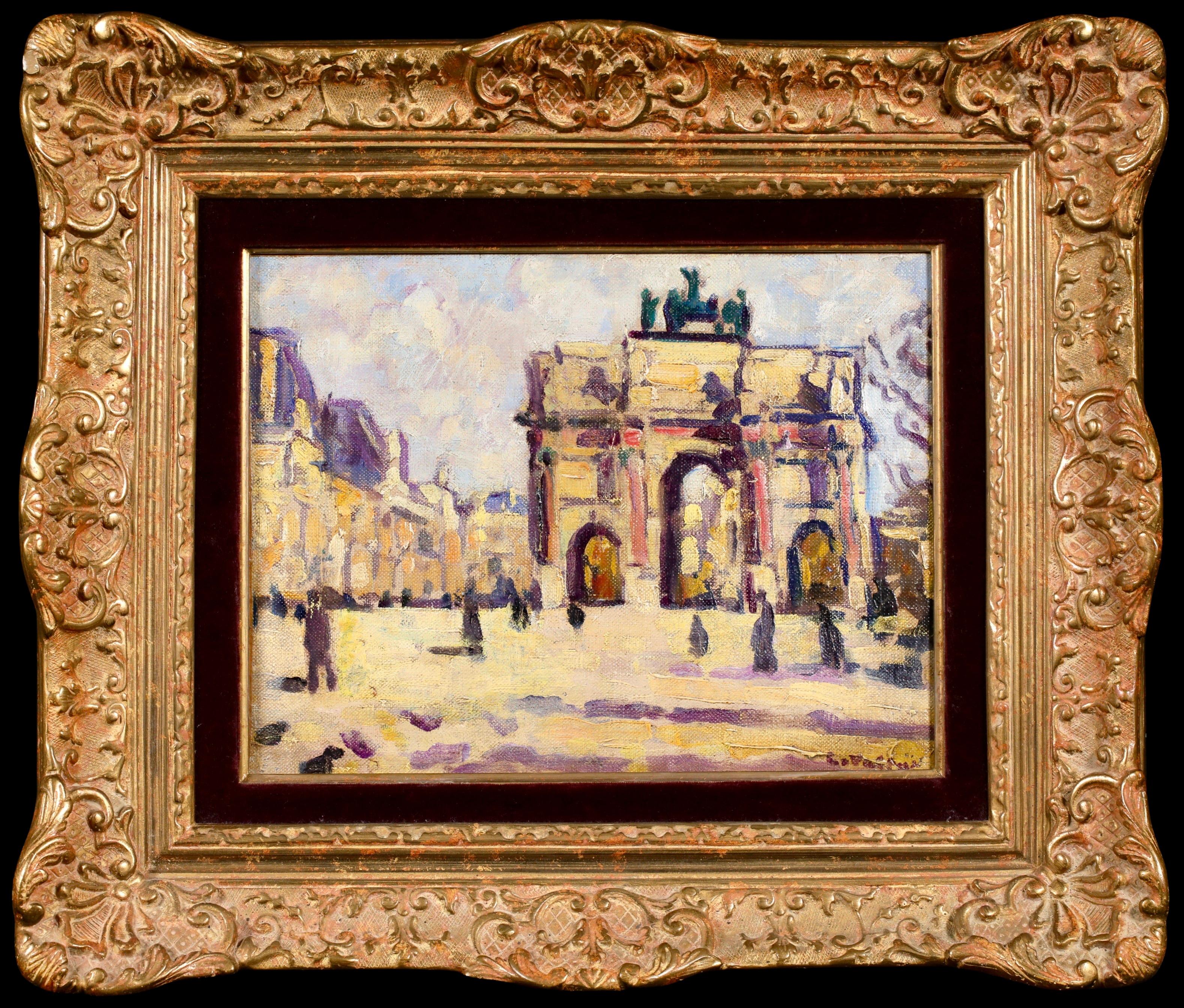 Huile sur toile fauviste signée représentant des personnages dans un paysage par le peintre français Louis Valtat. L'œuvre représente une vue de l'Arc du Triomphe du Carrousel depuis le Louvre à Paris, en France. Une pièce magnifiquement