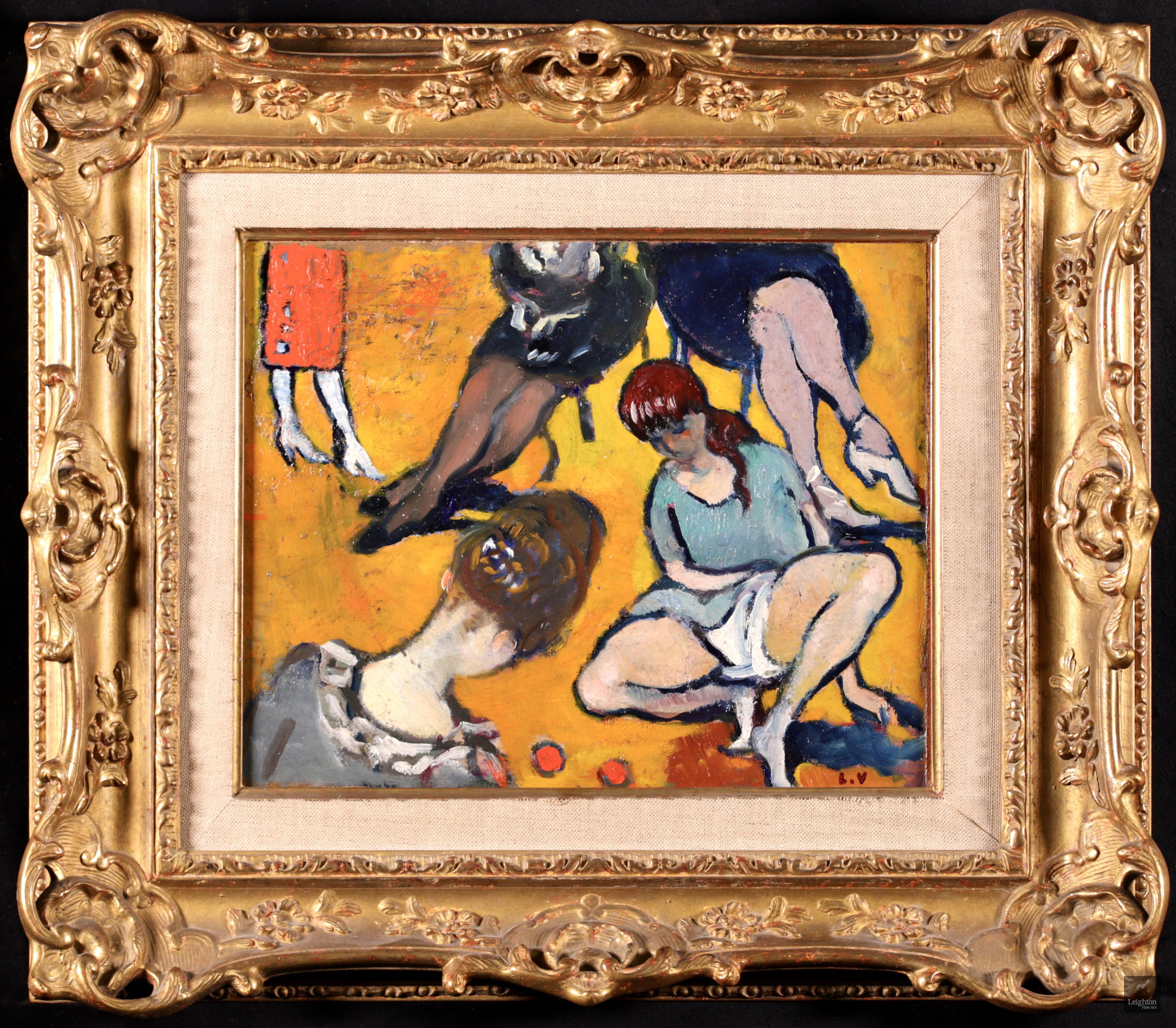 Signed fauvist figurative oil on panel by French painter Louis Valtat. The work depicts two girls playing with red marbles. Behind them we see the legs of elegantly dressed ladies - two seated in a chair and one standing to the left. The figures