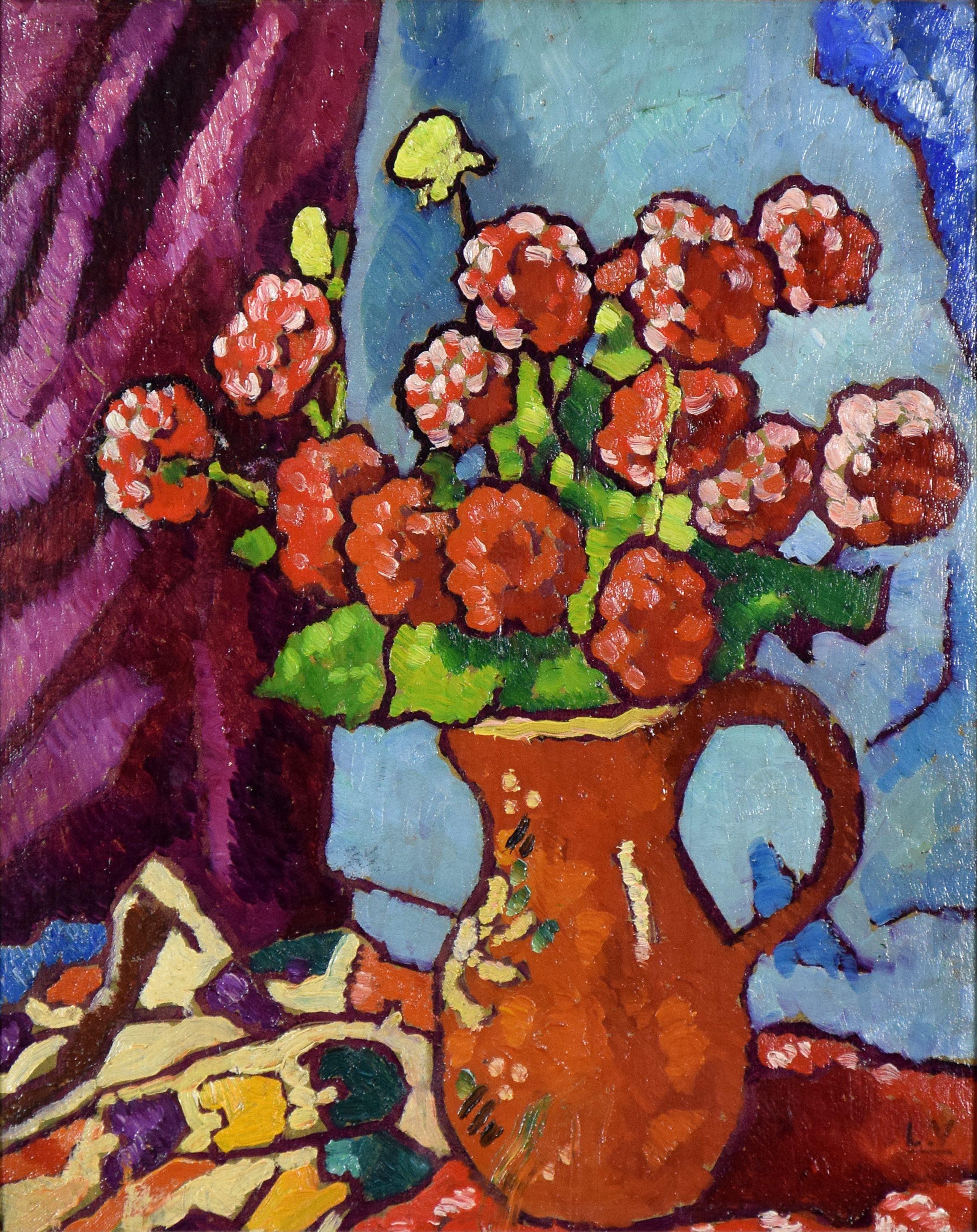 Fleurs Rouges à la Cruche Brune by LOUIS VALTAT - Still life painting, Flowers - Painting by Louis Valtat