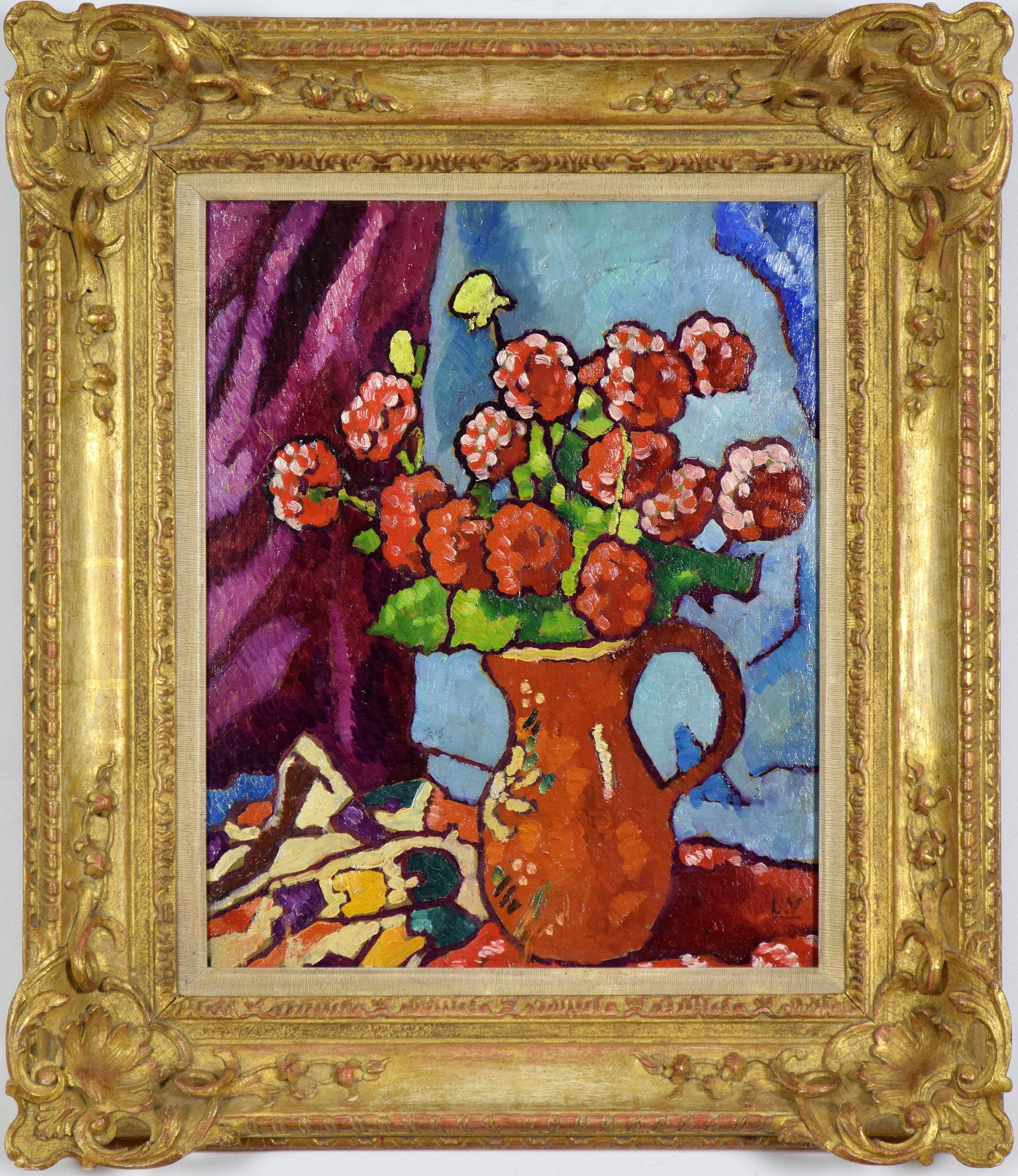 Louis Valtat Figurative Painting - Fleurs Rouges à la Cruche Brune by LOUIS VALTAT - Still life painting, Flowers