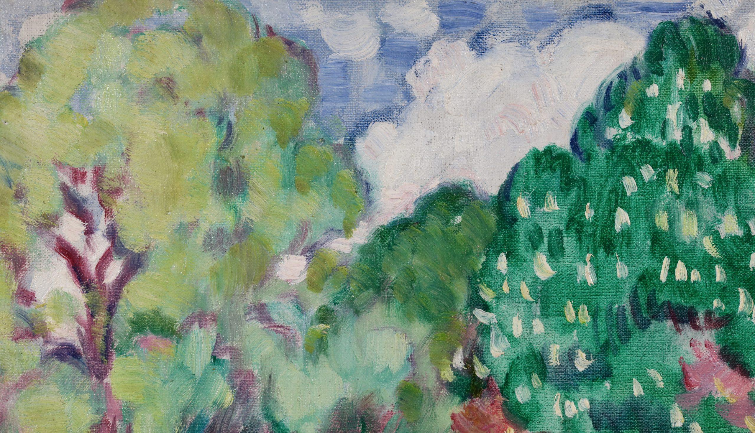 Signed fauvist landscape oil on canvas by French painter Louis Valtat. This stunning piece depicts a view of Bagatelle Park in the north of France in summer. The trees and the flower beds are in bloom and white clouds are rolling through the blue