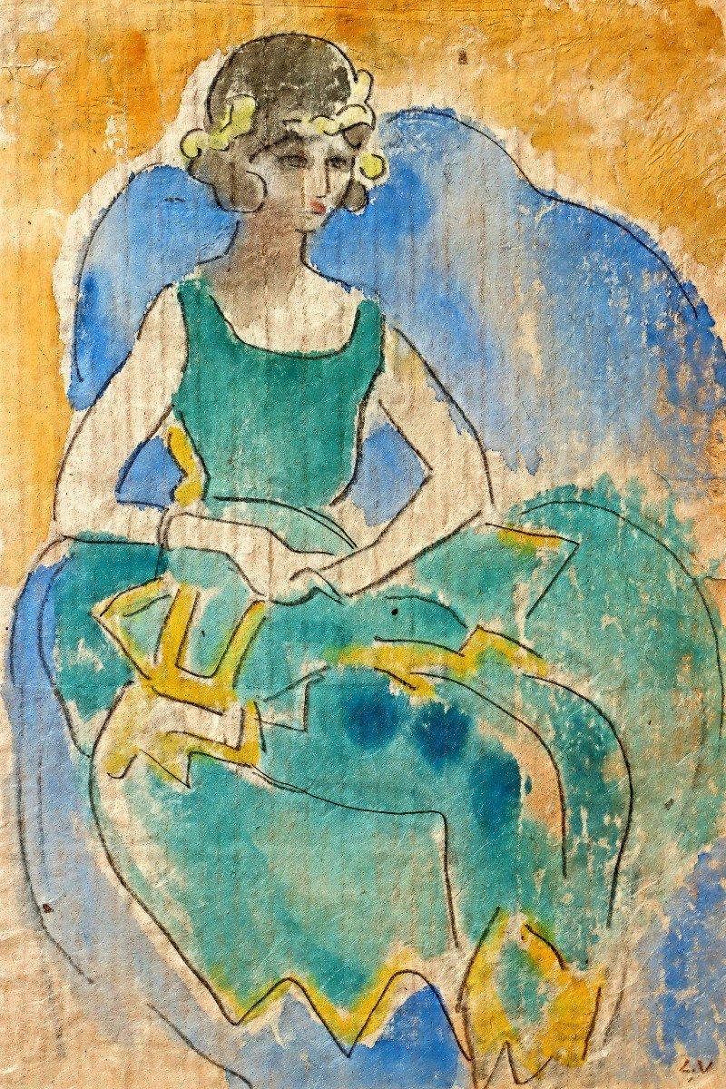 Portrait of woman in green dress, Original Watercolour on Paper, Fauvism - Painting by Louis Valtat