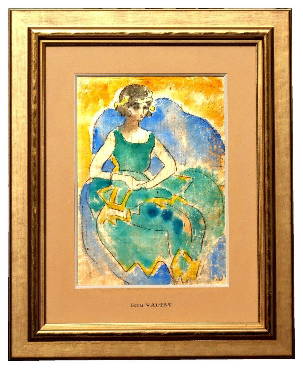 Louis Valtat Portrait Painting - Portrait of woman in green dress, Original Watercolour on Paper, Fauvism