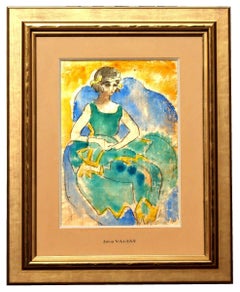 Portrait of woman in green dress, Original Watercolour on Paper, Fauvism