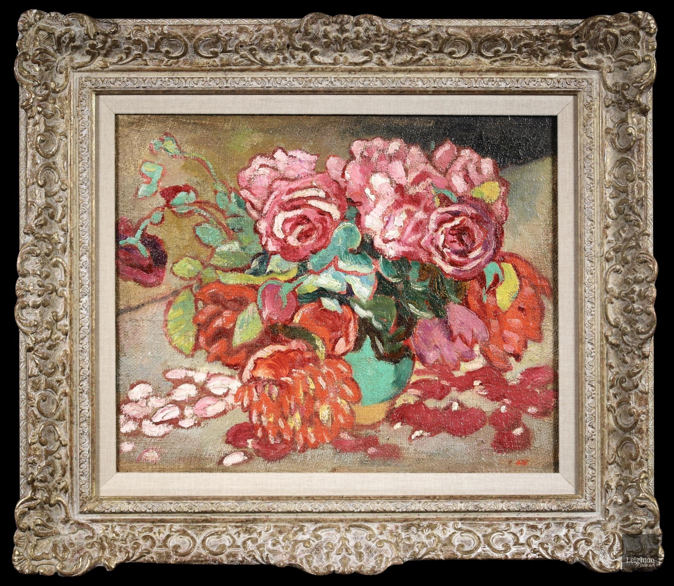 Signiertes fauvistisches Öl auf Leinwand Stillleben des französischen Malers Louis Valtat. Das Werk zeigt eine grüne Vase, die mit roten und rosafarbenen Rosen gefüllt ist, die zu welken beginnen und deren Blütenblätter