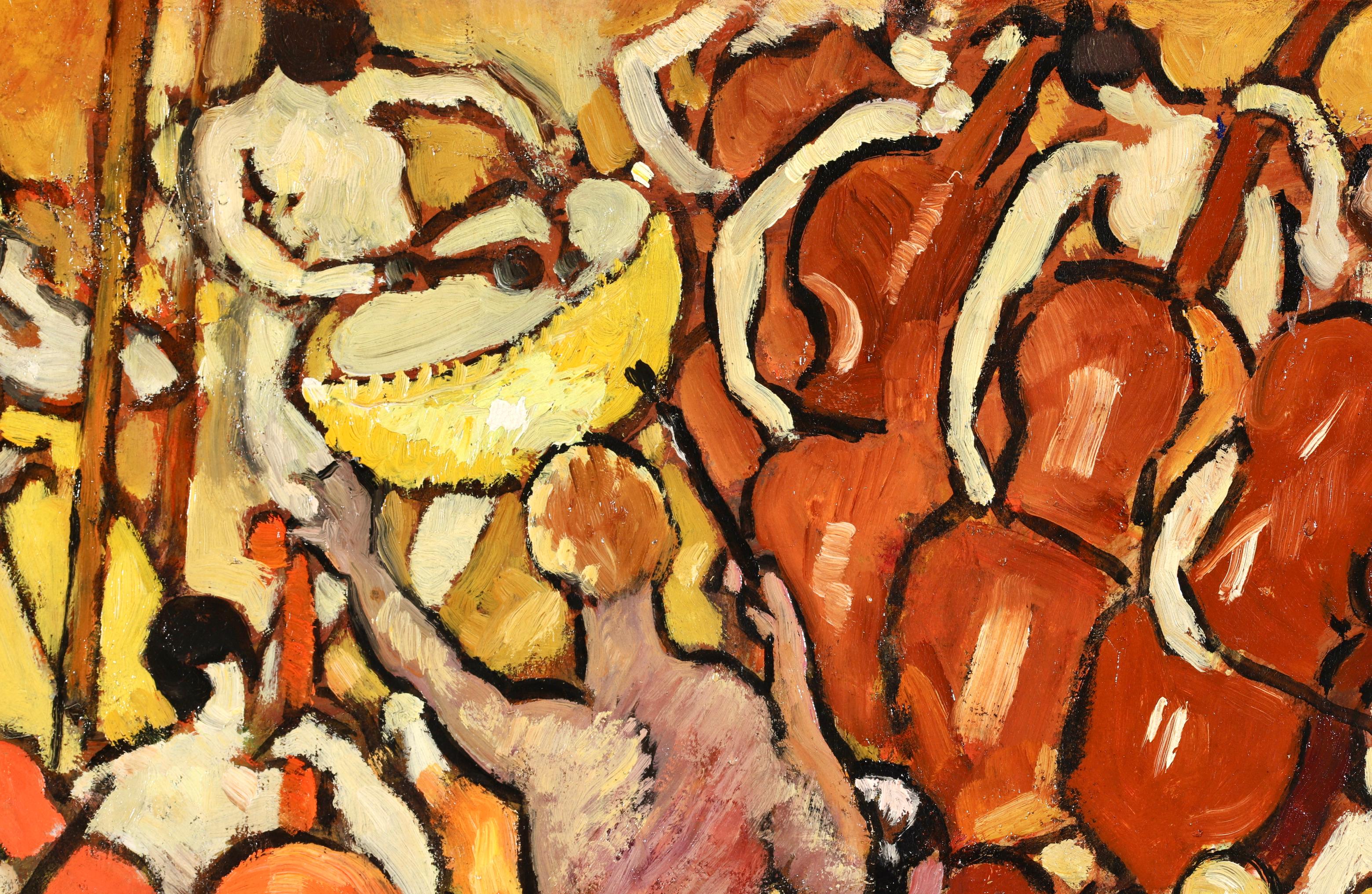 Signed fauvist figurative oil on panel by French painter Louis Valtat. This stunning piece depicts a nude orchestra with the conductor in the foreground. The musicians are playing cellos, violins and drums and a harpist is seated on the back left of