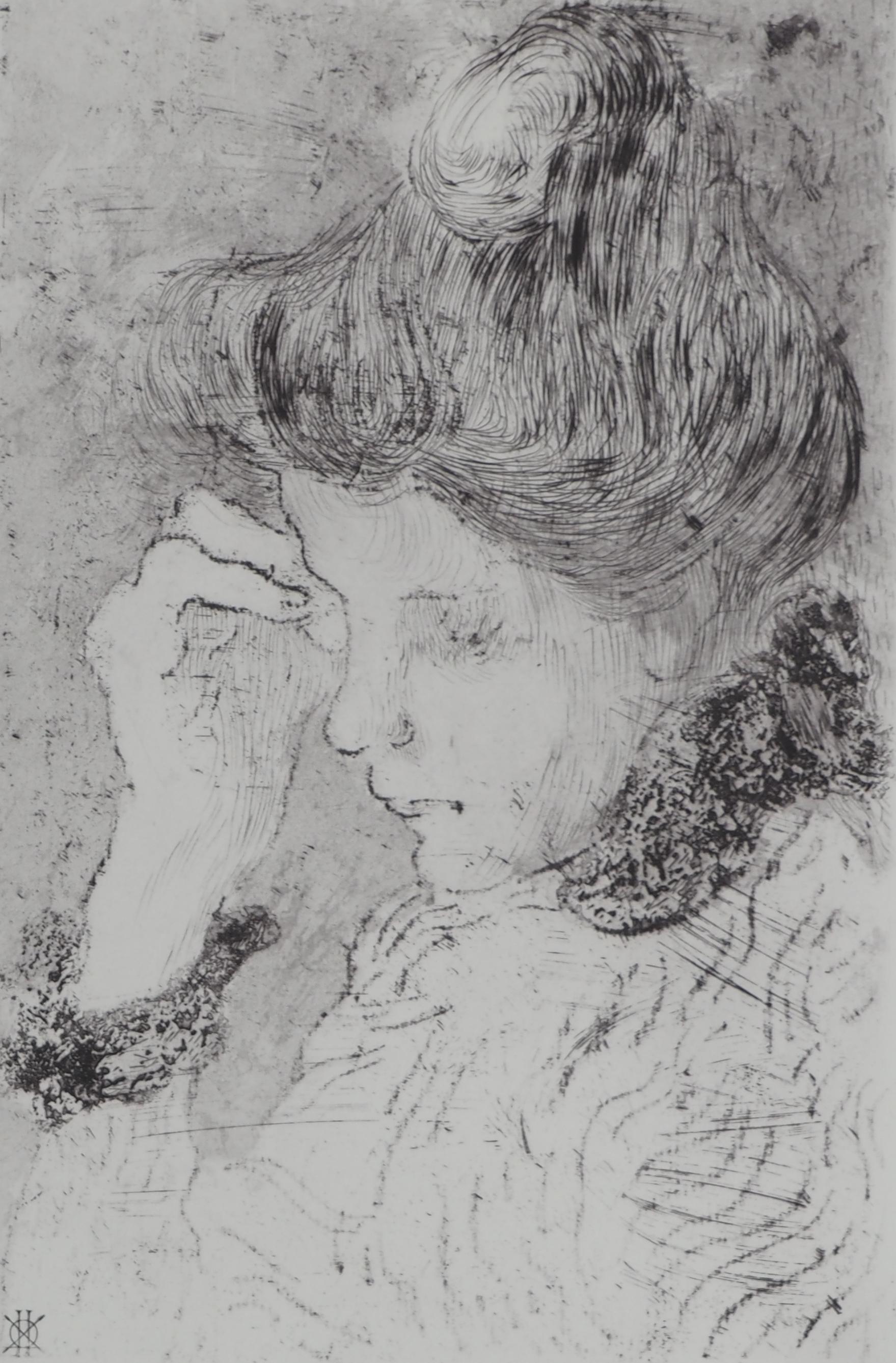 Donna pensierosa - Acquaforte dal Museo del Louvre - Print di Louis Valtat