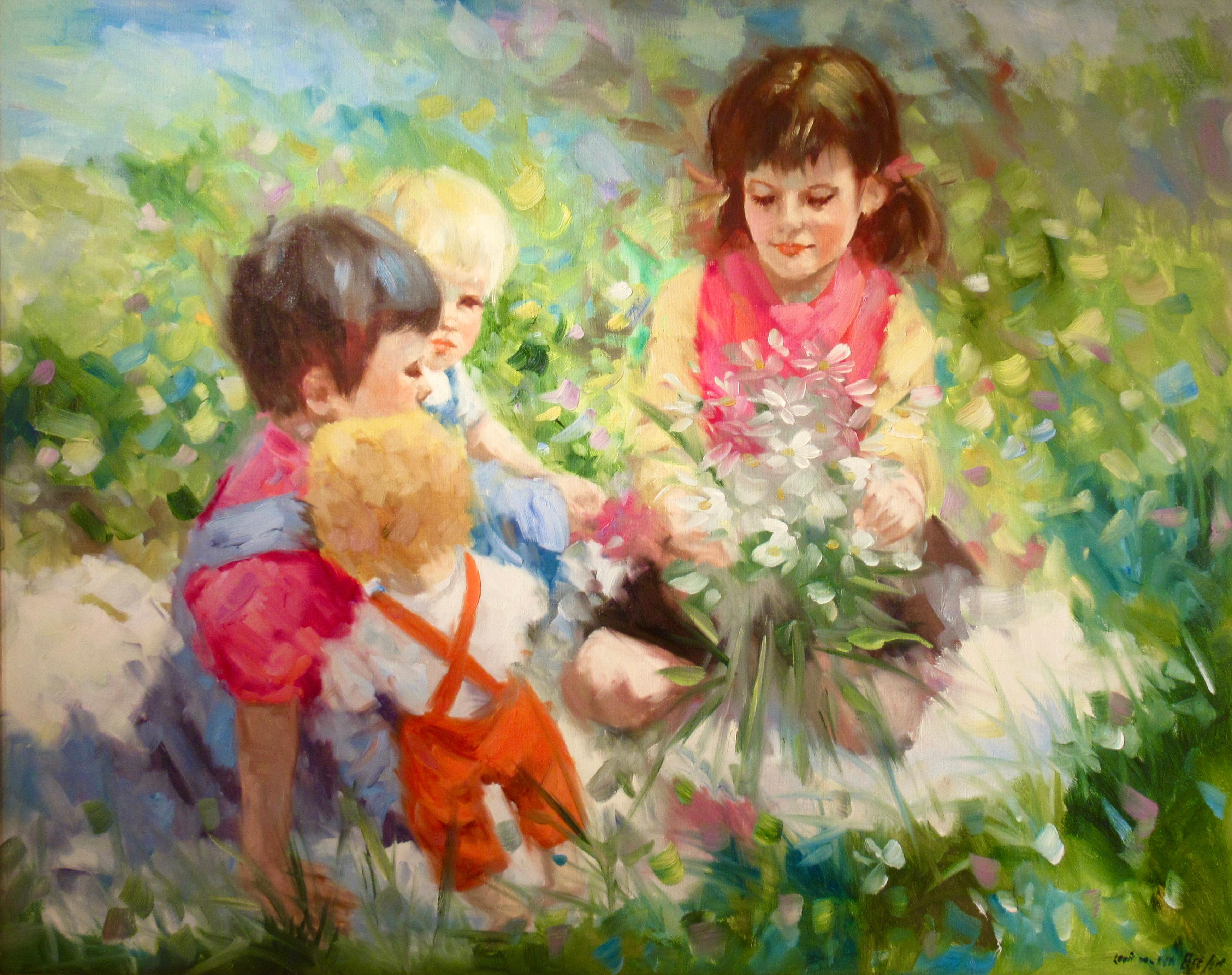 „Children Playing in a Field“ Großes Ölgemälde auf Leinwand – Painting von Louis Van Der Beesen