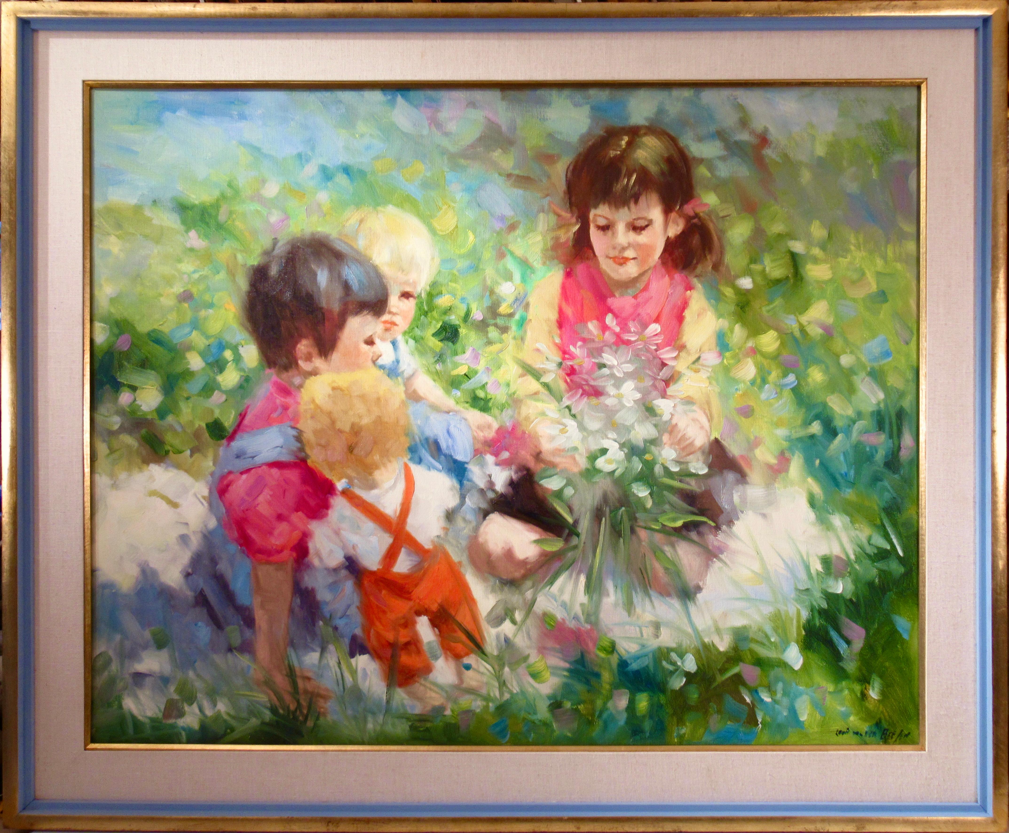 Louis Van Der Beesen Figurative Painting - "Children Playing in a Field" Large oil painting on canvas