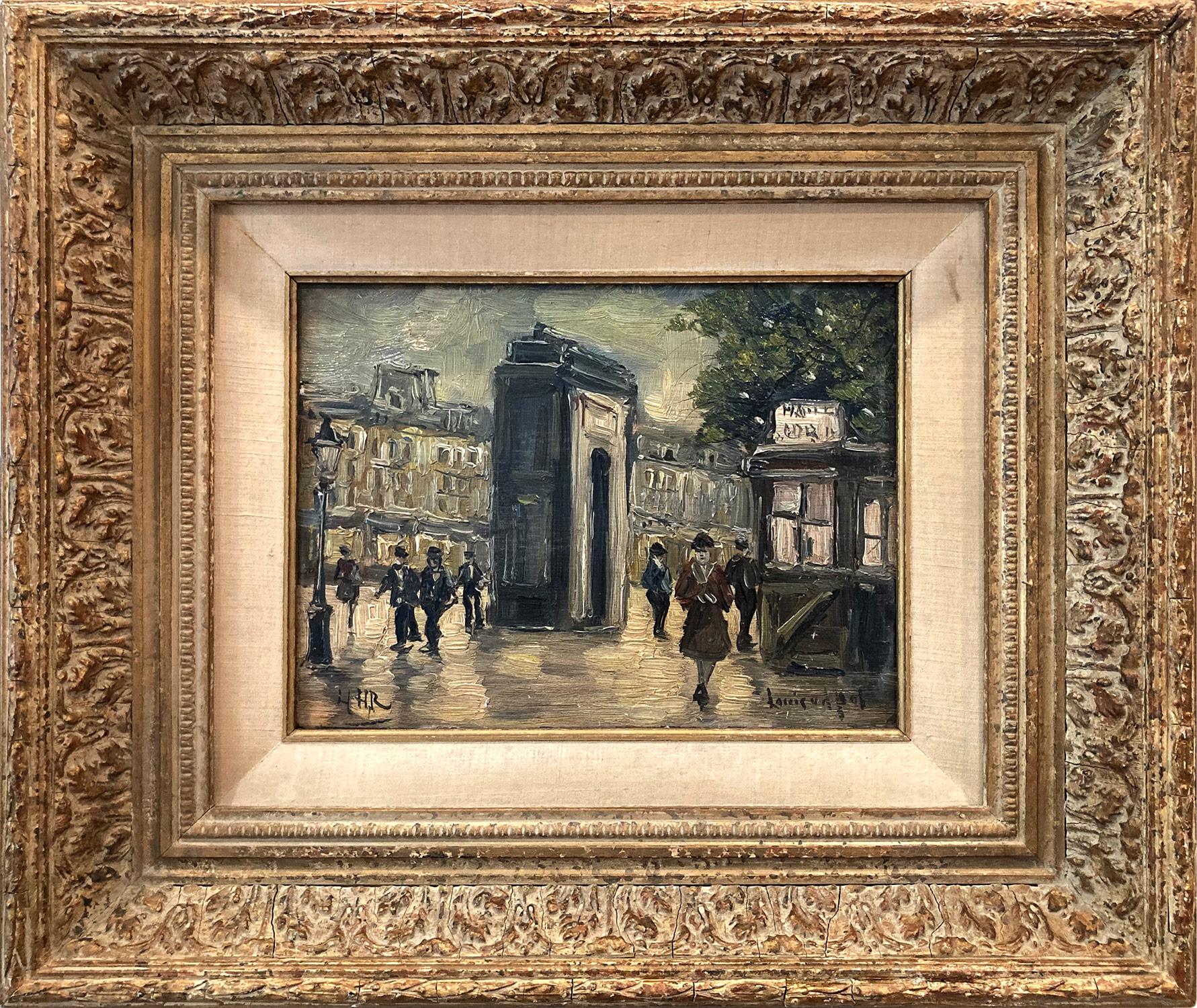 Louis Van Der Pol Figurative Painting - "Arc de Triomphe" 20th Century Parisian Nocturne Street Scene Oil Painting 