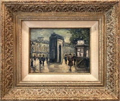"Arc de Triomphe" 20th Century Parisian Nocturne Street Scene Oil Painting 