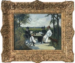 "In the Garden" Romantic Parisian Impressionistic Oil Painting of Figures Seated