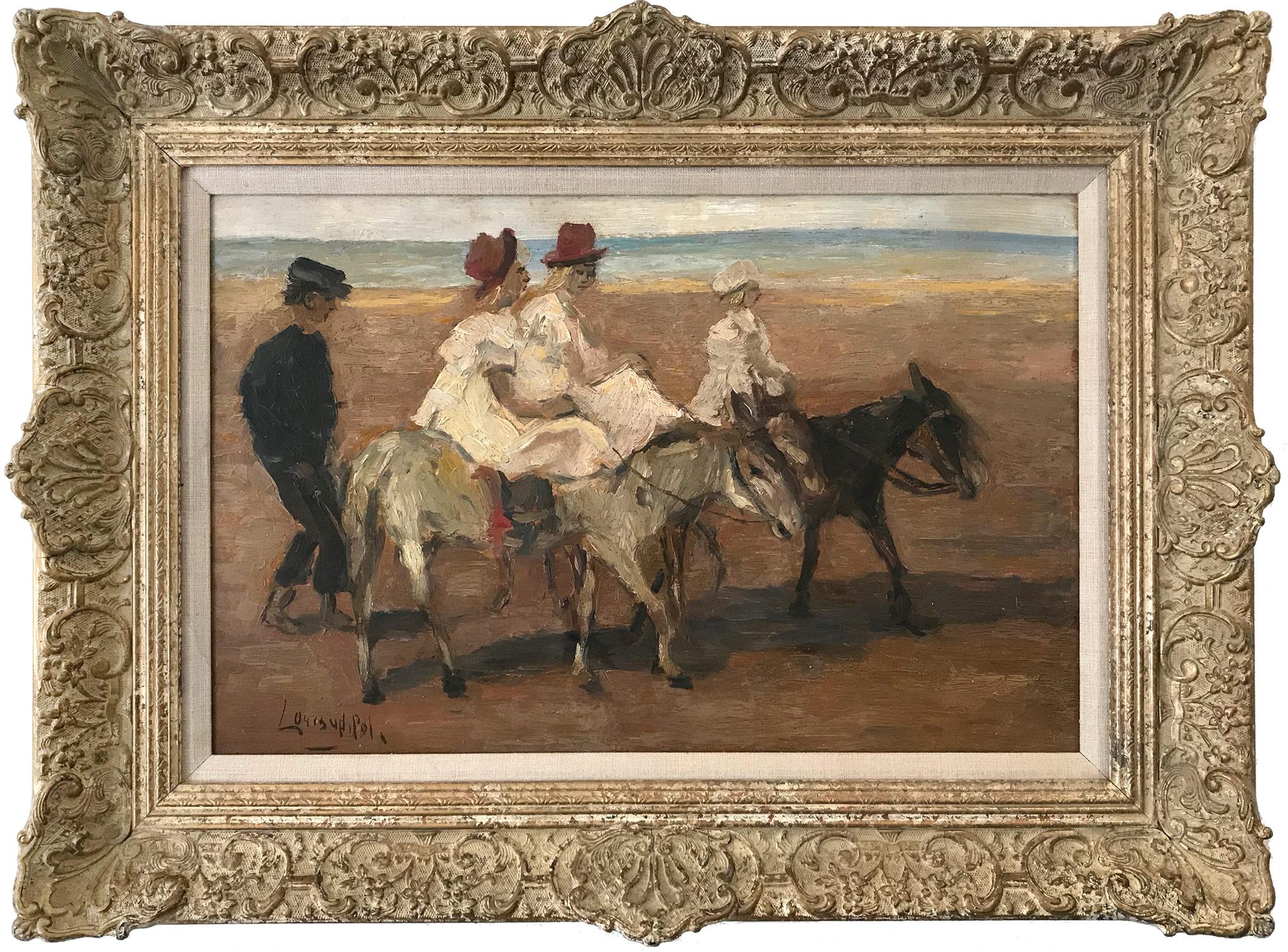 Louis Van Der Pol Figurative Painting - "Horseback Riding on the Beach" Romantic Parisian Impressionistic Oil Painting 