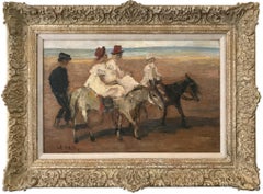 Vintage "Horseback Riding on the Beach" Romantic Parisian Impressionistic Oil Painting 