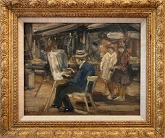 "L'artista al lavoro" Quadro a olio romantico impressionista parigino con figure