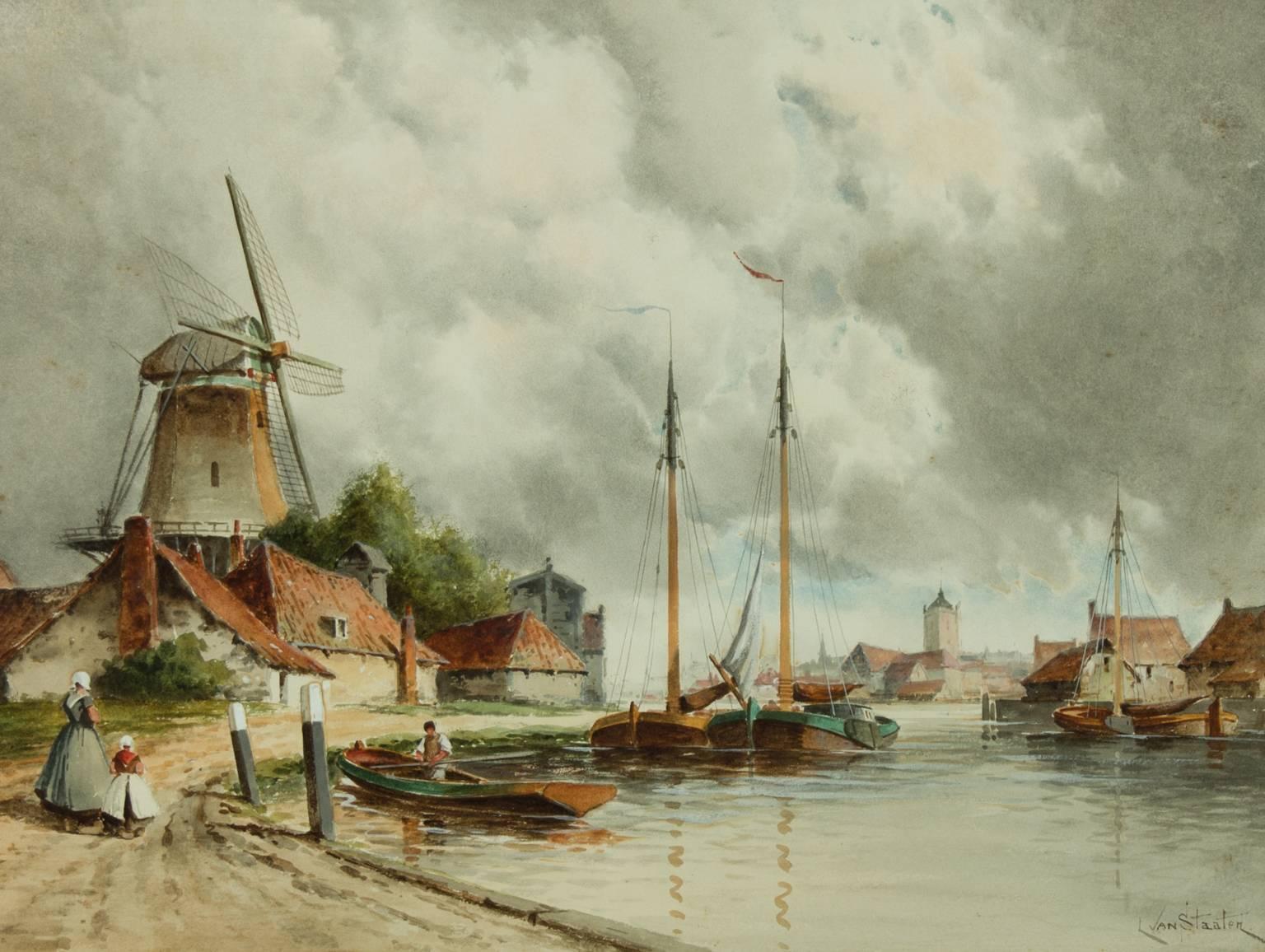 A finely painted mid-late 19th century signed Dutch oil painting, depicting a windmill by a canal. Painted by Louise Van Staaten (1836-1909), also know as Hermanus Koekkoek the Younger. Signed to the lower right and well presented in a black laquer