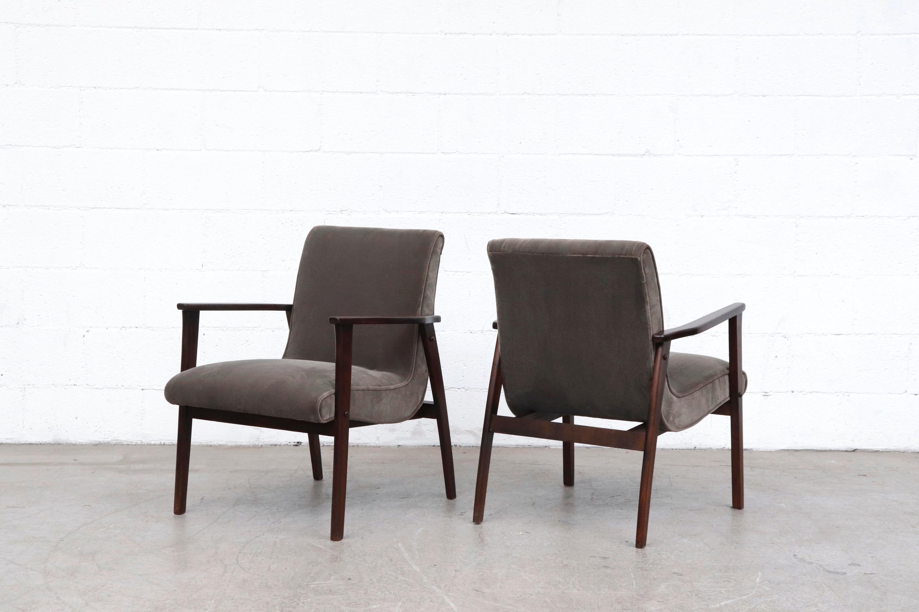 Dutch Louis Van Teefelen Inspired Pair of Slipper Lounge Chairs with Grey Mohair