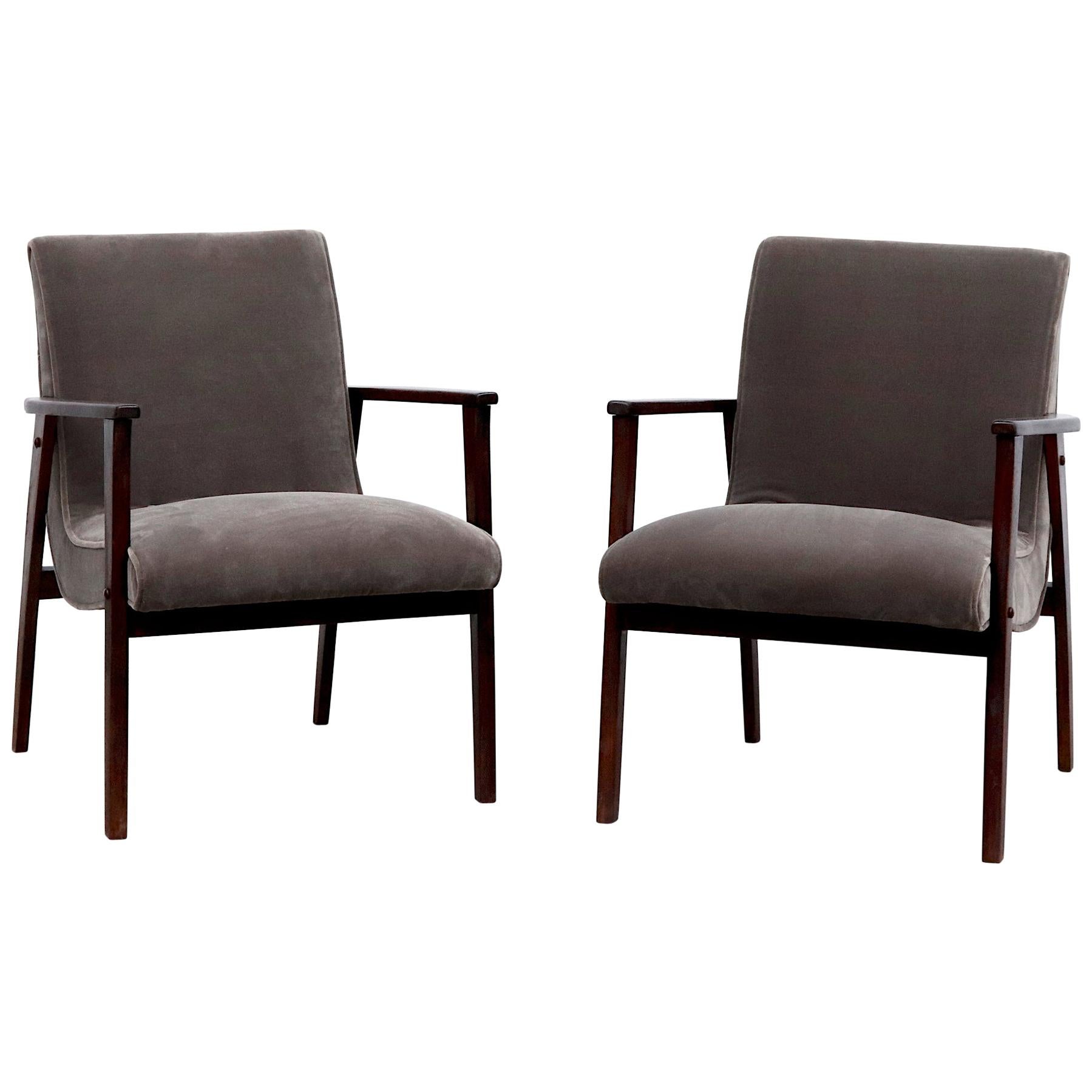 Louis Van Teefelen Inspired Pair of Slipper Lounge Chairs with Grey Mohair