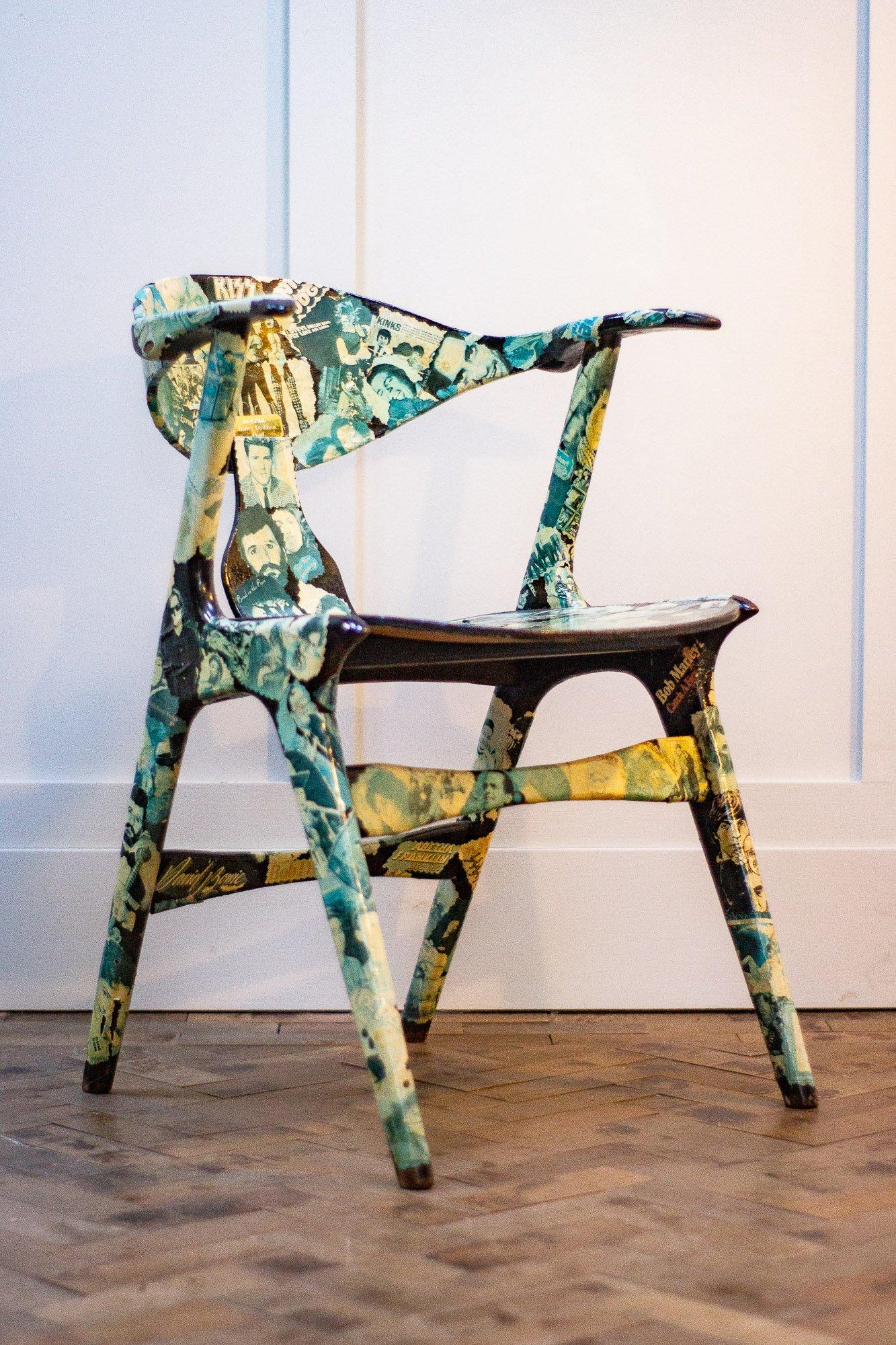 A uniquely stunning piece from the late 1960s. This Louis Van Teeffelen 'Cowhorn' Chair is now a complete one off of it's time. Left to beautifully age this decoupage classic piece of mid century furniture has become something entirely different