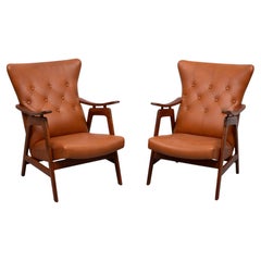 Louis van Teeffelen Teak Faux Leather Lounge chairs 1960s Holland