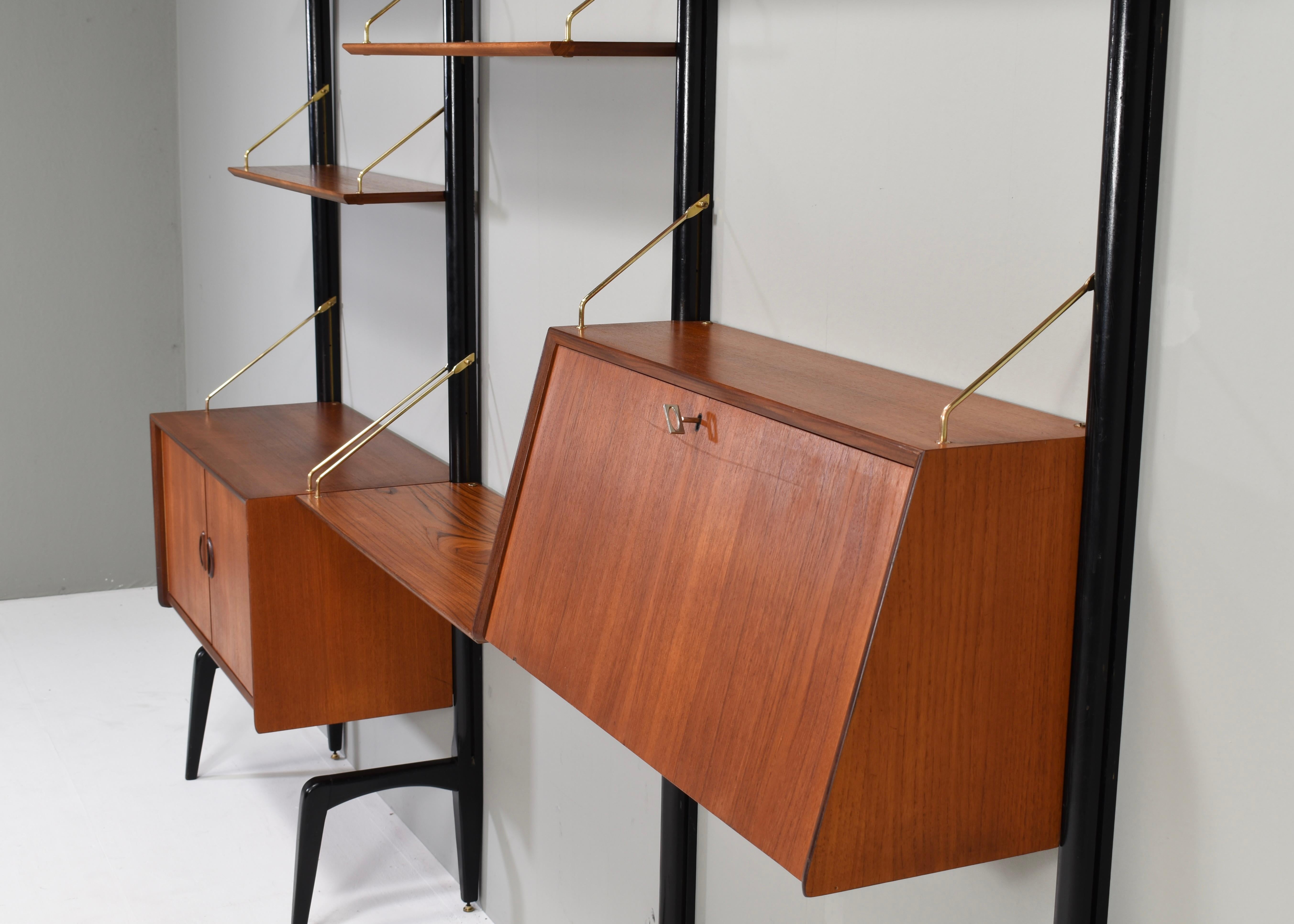 Louis Van Teeffelen Wall Unit in Teak and Brass by WeBe, Netherlands, circa 1950 For Sale 5