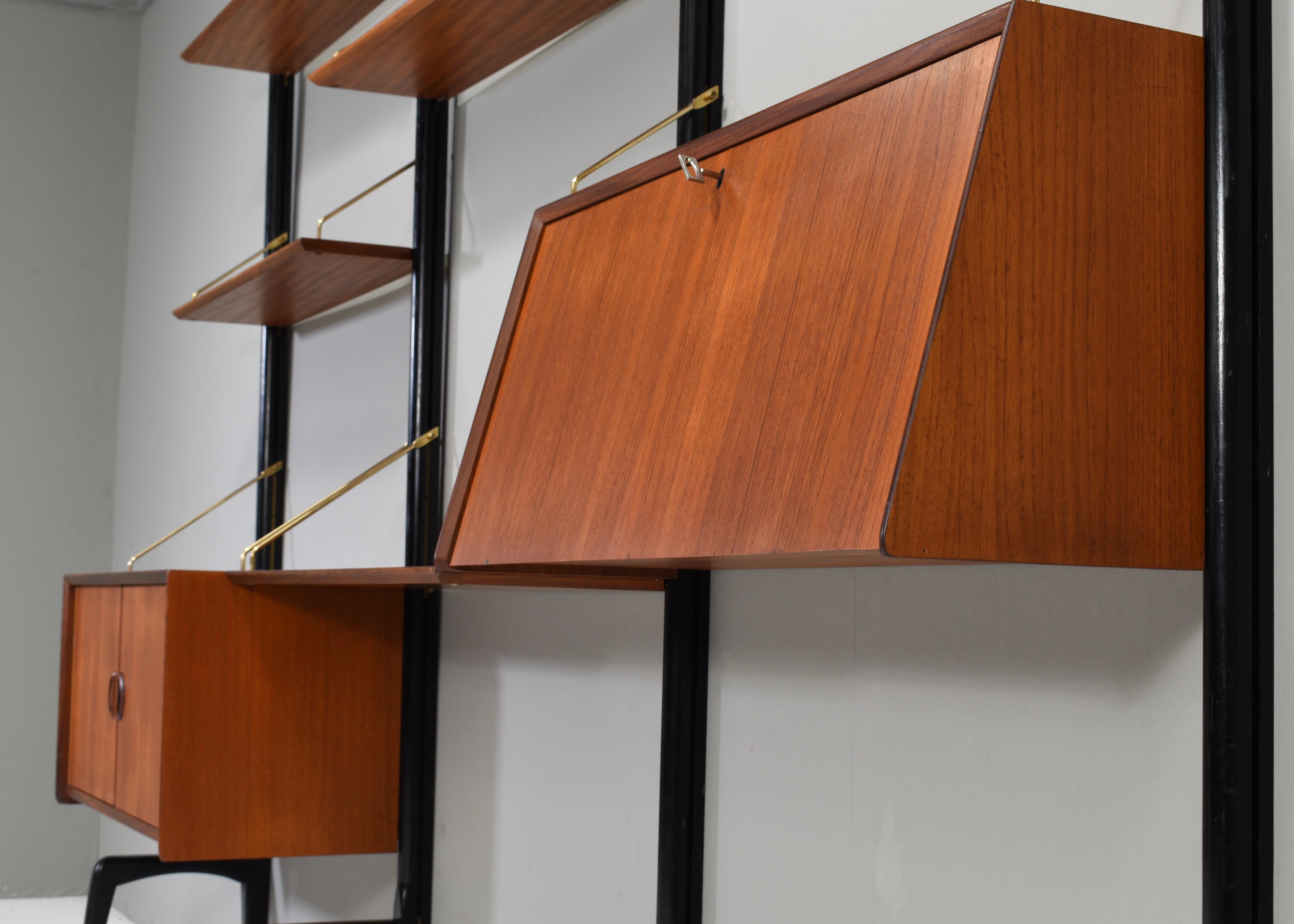 Louis Van Teeffelen Wall Unit in Teak and Brass by WeBe, Netherlands, circa 1950 For Sale 13