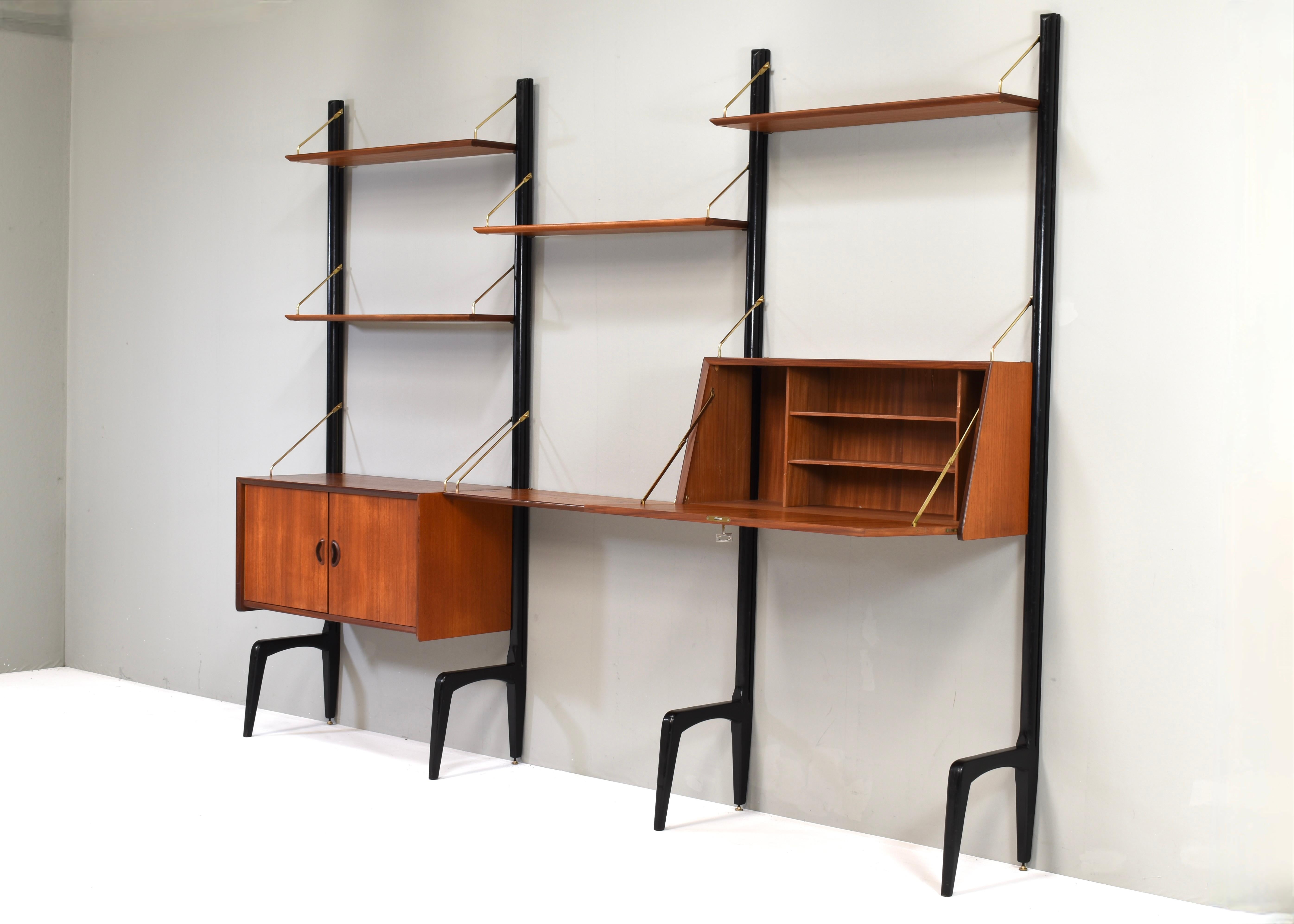 Mid-Century Modern Louis Van Teeffelen Wall Unit in Teak and Brass by WeBe, Netherlands, circa 1950 For Sale