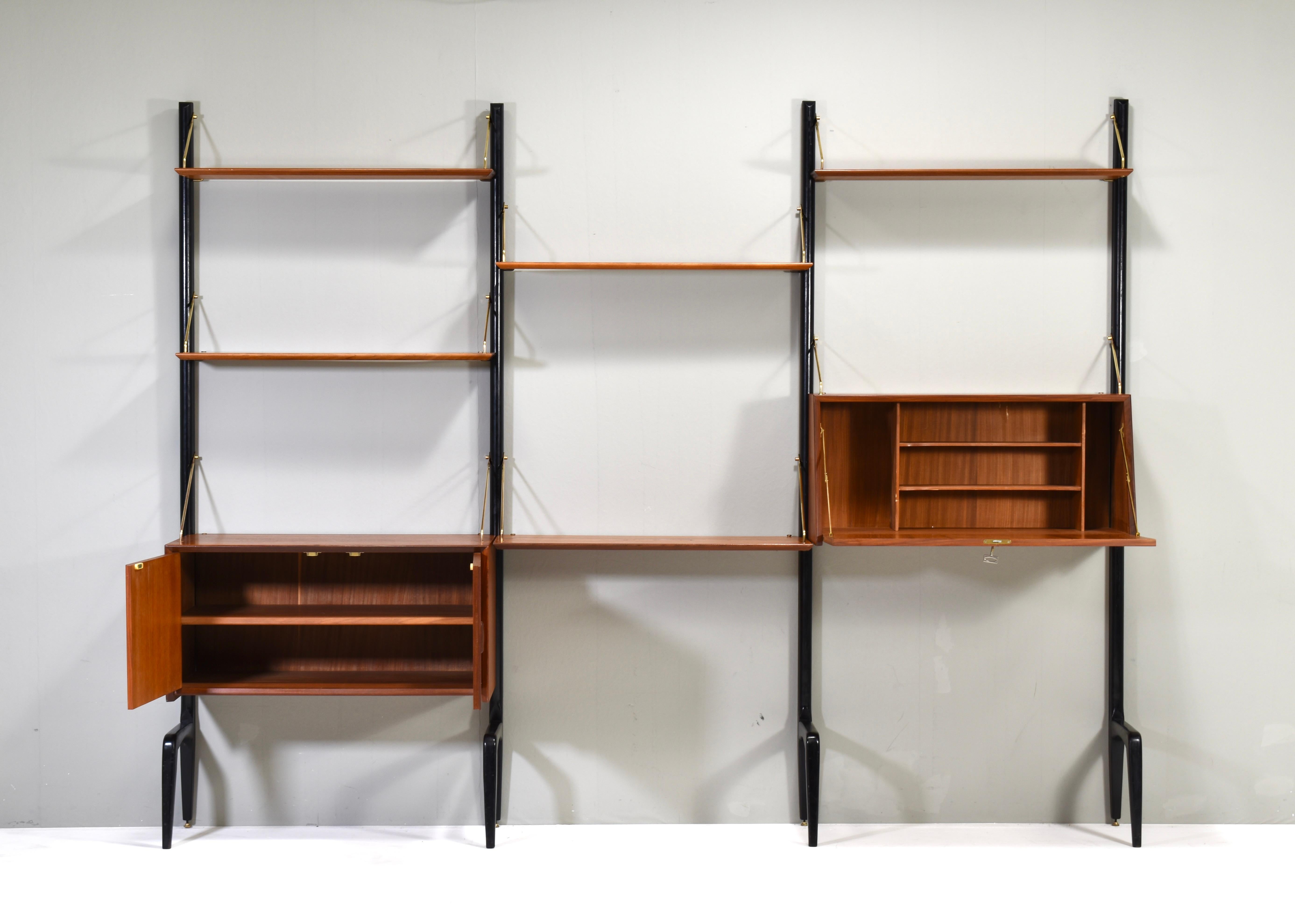 Mid-20th Century Louis Van Teeffelen Wall Unit in Teak and Brass by WeBe, Netherlands, circa 1950 For Sale