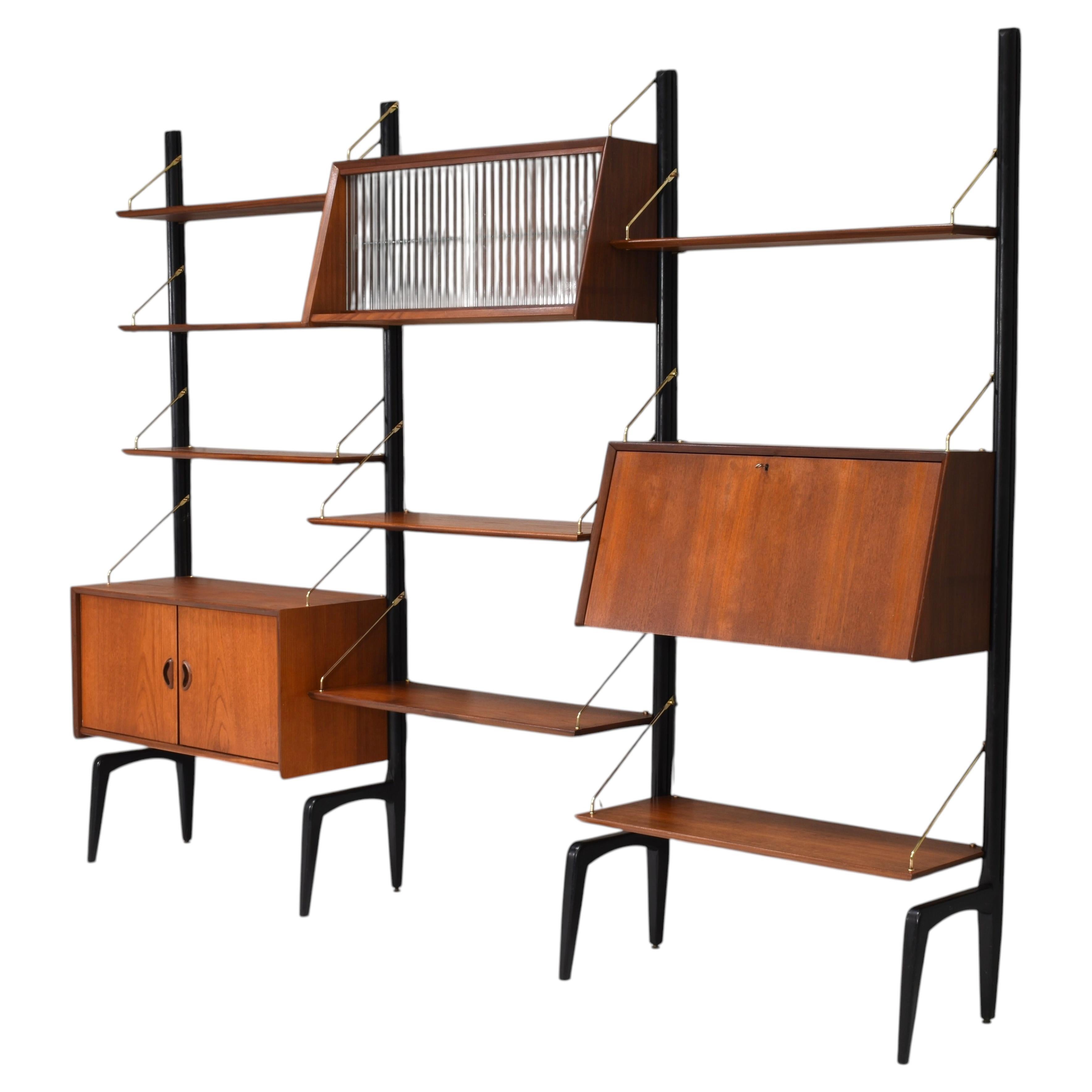 Louis Van Teeffelen Wall Unit in Teak and Brass by WeBe, Netherlands, circa 1950 For Sale