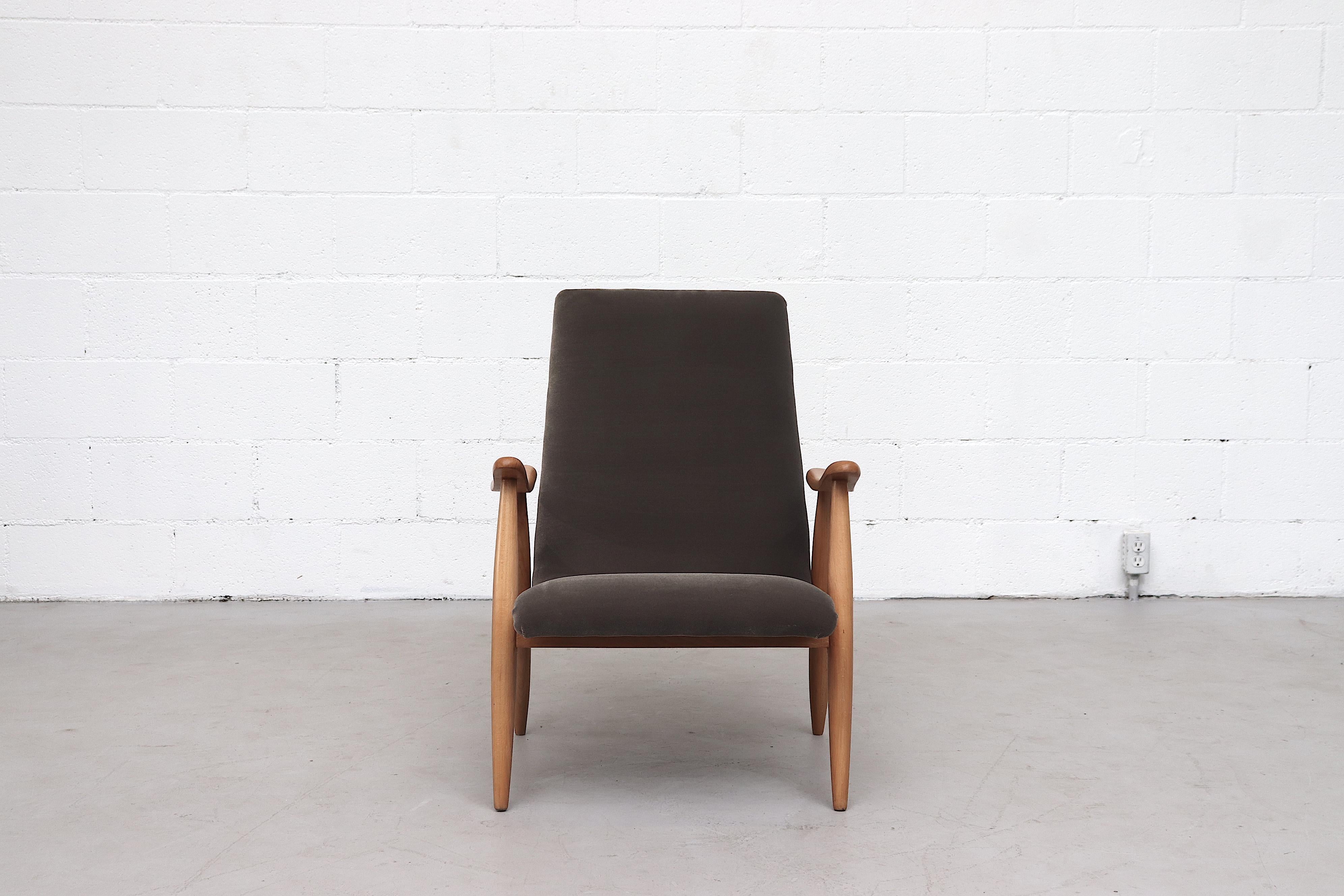 Gorgeous Louis van Teefelen Lounge Chair for Topform with Lightly Refinished Light Teak Frame and Fresh Seal Grey Velvet Upholstery. Elegant Design with Beautiful Curves. In Good Overall Condition. Similar Chairs Also Available Listed Separately.