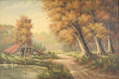 Vintage Autumn Countryside Scene with Thatched Barn - Original Oil Painting