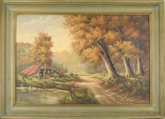 Vintage Autumn Countryside Scene with Thatched Barn - Original Oil Painting