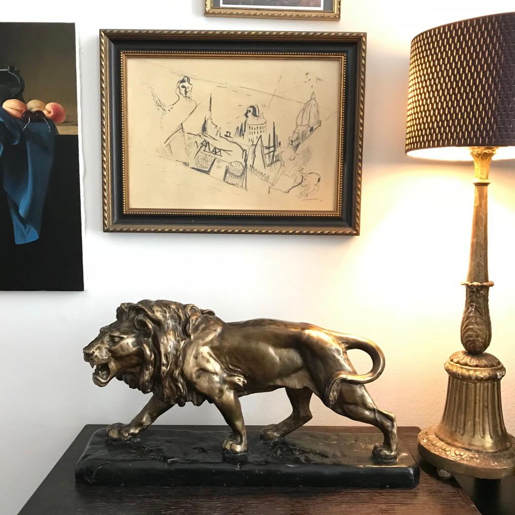 A huge 19th century plaster Louis Vidal striding lion most probably finished and founded by Antoine Louis Barye. Louis Vidal was born in Nimes, France on December 6, 1831, Louis Vidal-Natavel pursued a successful career in sculpture in Paris despite