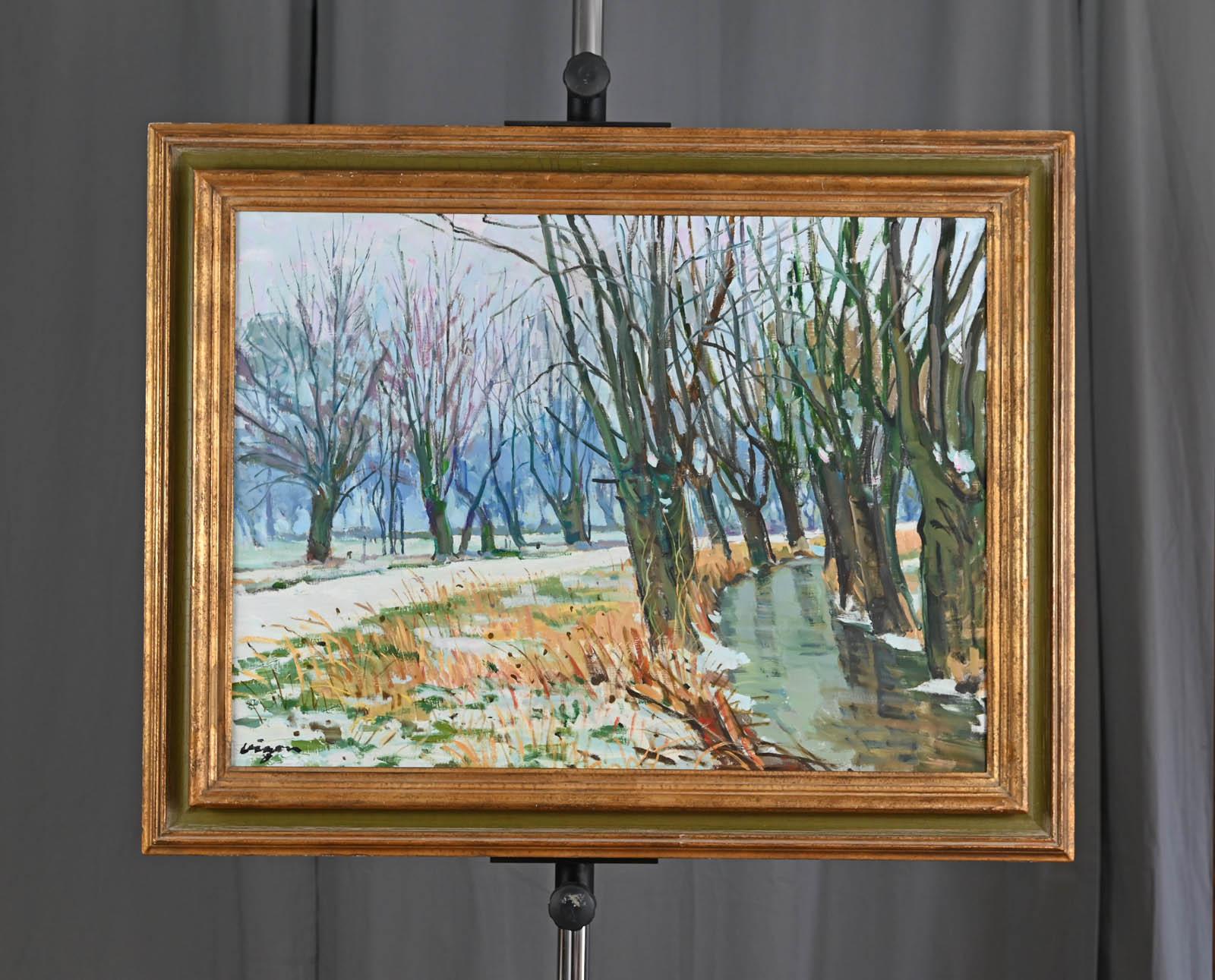 Neige à Saint Martin de Boscherville - Gris Landscape Painting par Louis Vigon