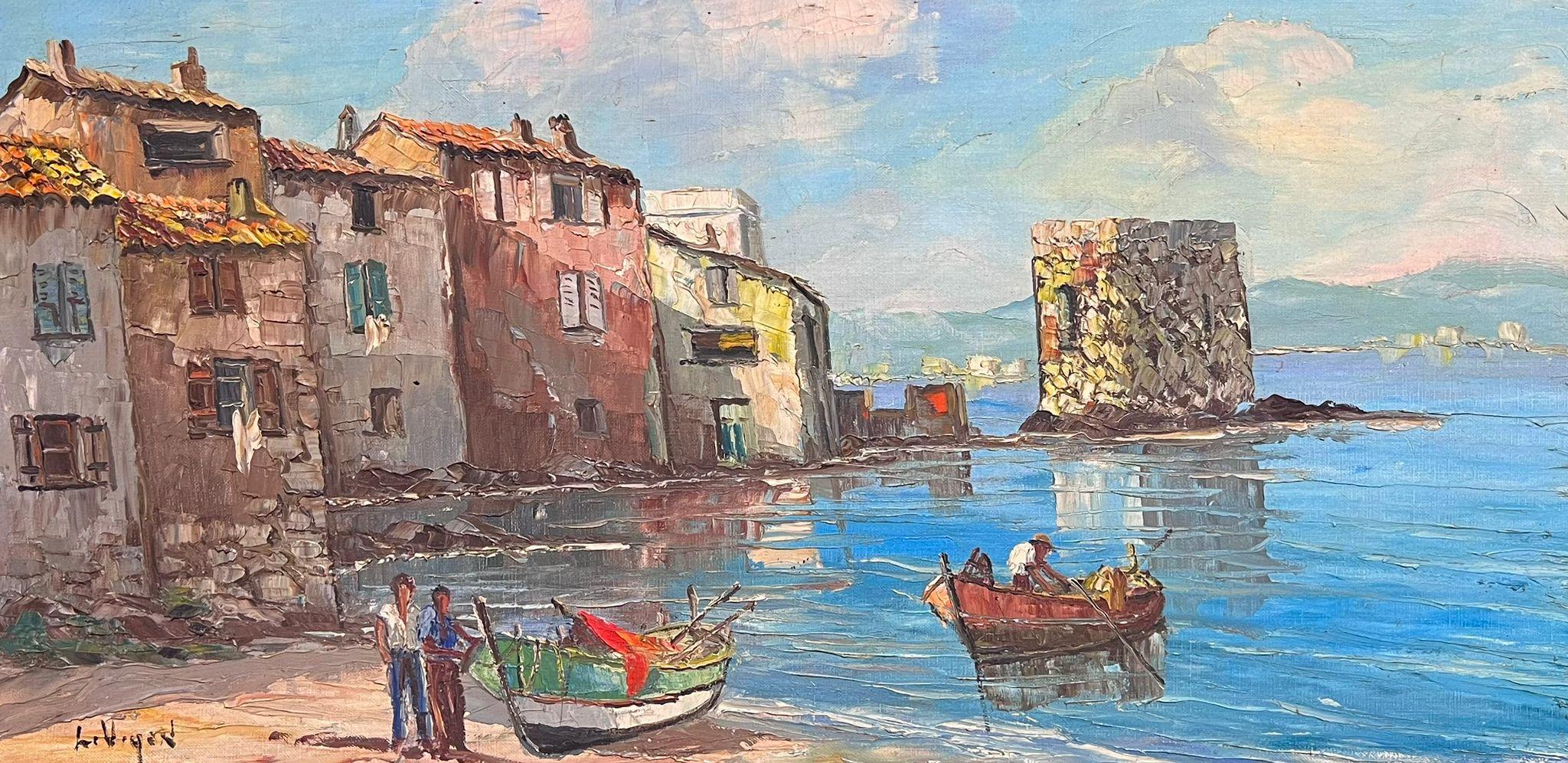 St Tropez Harbour Mid 20th Century French Post Impressionist Signed Oil Painting - Brown Landscape Painting by Louis Vigon