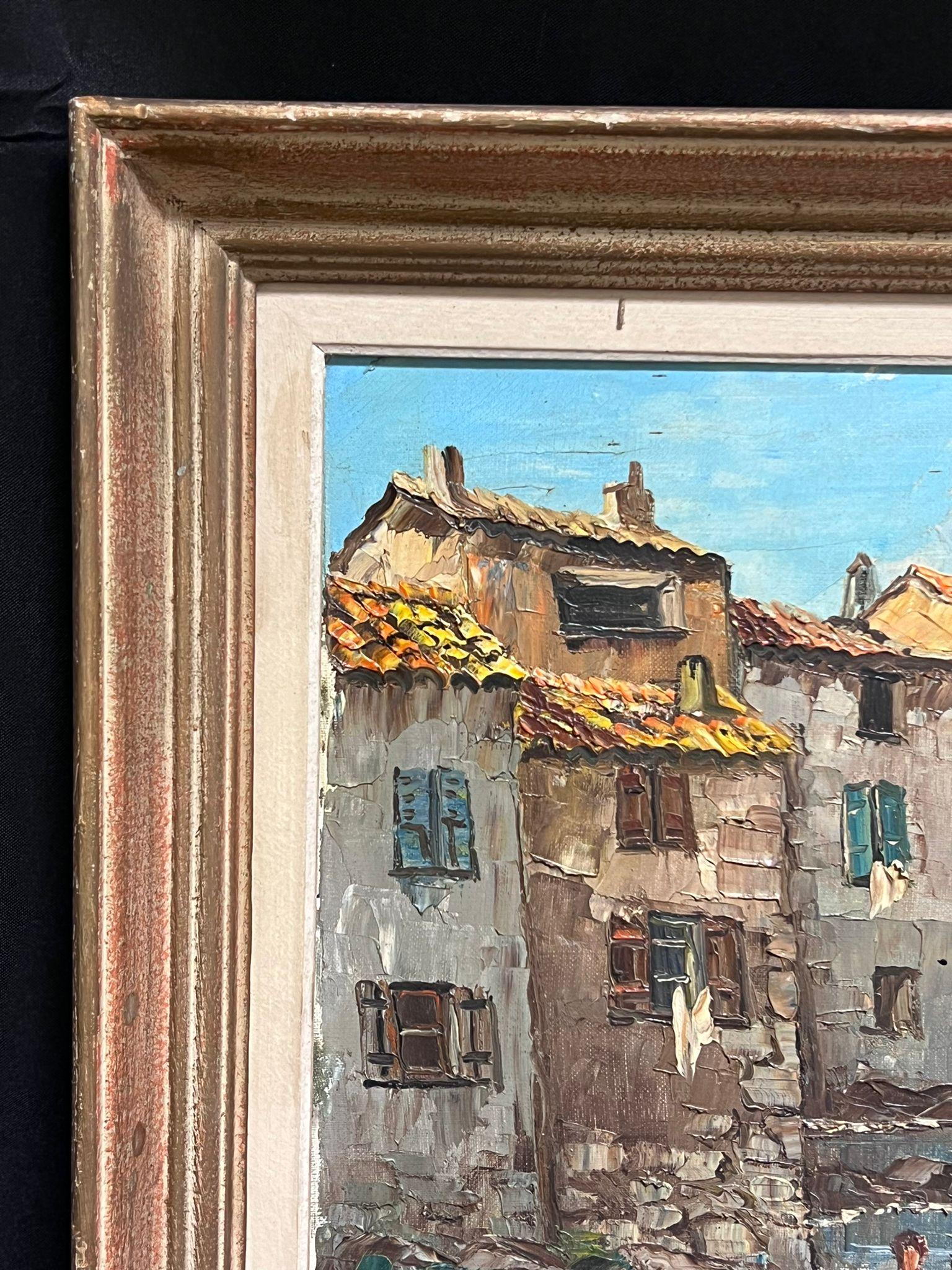 Peinture à l'huile post-impressionniste française du milieu du 20e siècle, signée du port de St Tropez 1