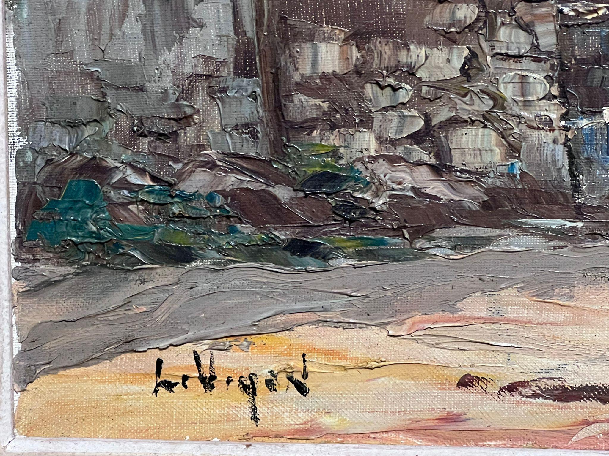 Porto di St Tropez Pittura a olio firmata post impressionista francese della metà del XX secolo 3