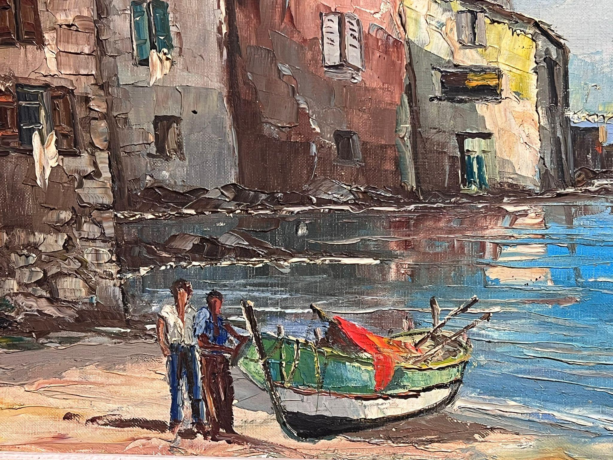 Porto di St Tropez Pittura a olio firmata post impressionista francese della metà del XX secolo 4