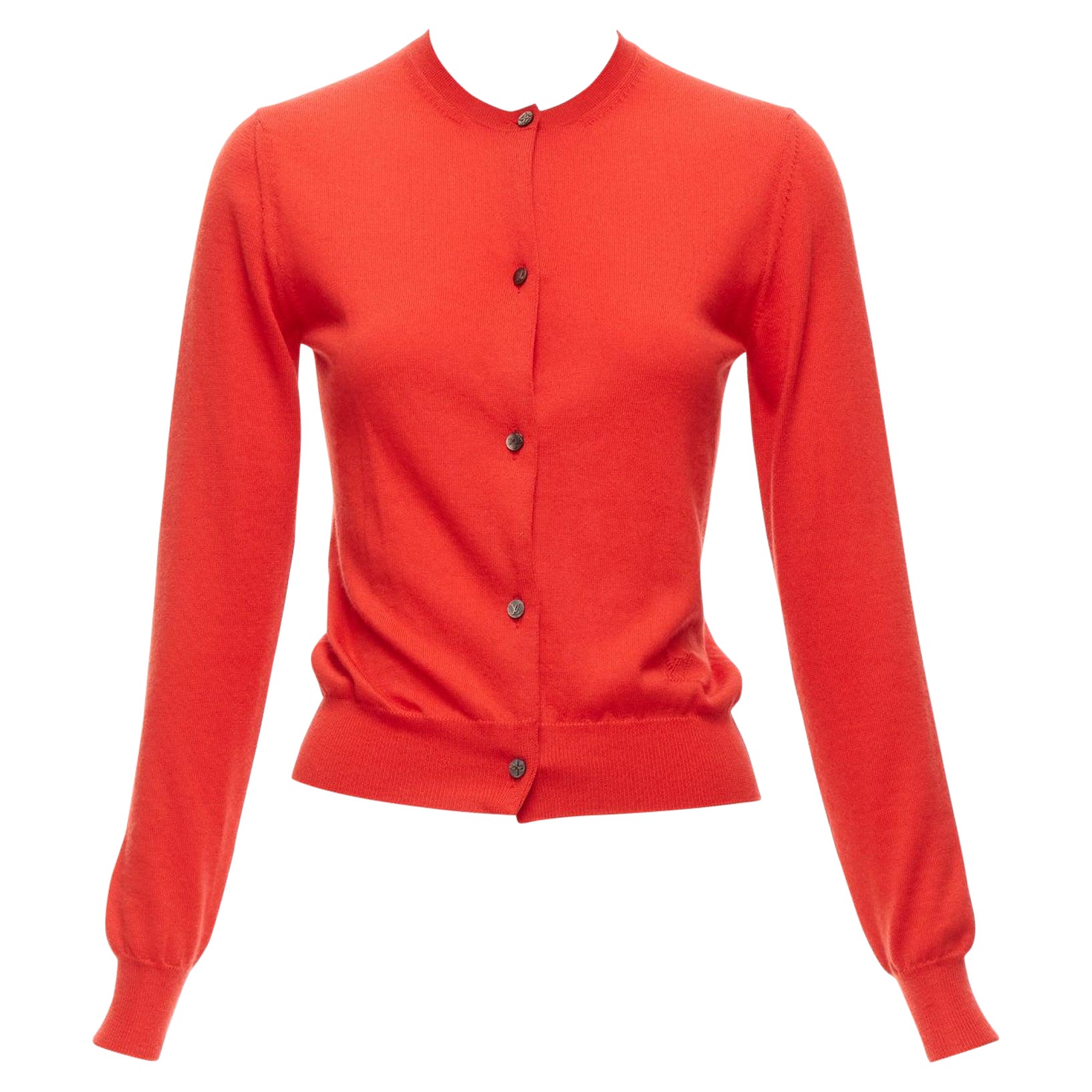 LOUIS VUITTON 100% cashmere red LV logo crew neck cropped cardigan S