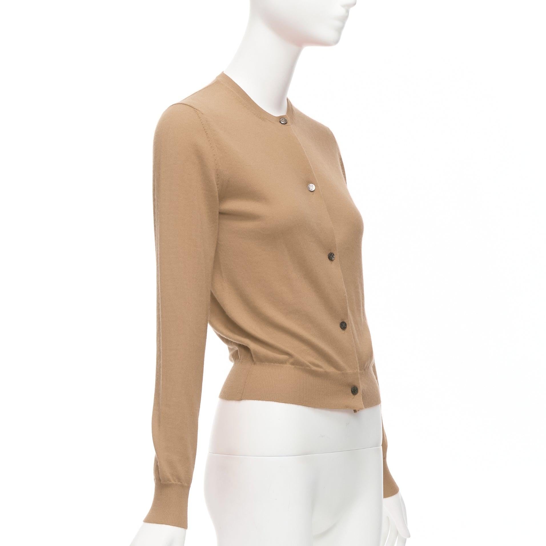 Women's LOUIS VUITTON 100% cashmere tan brown intarsia logo crew cardigan S For Sale
