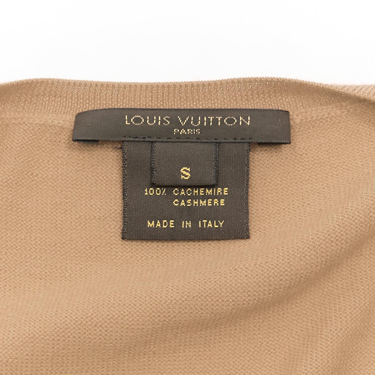 LOUIS VUITTON 100% cashmere tan brown intarsia logo crew cardigan S For Sale 5