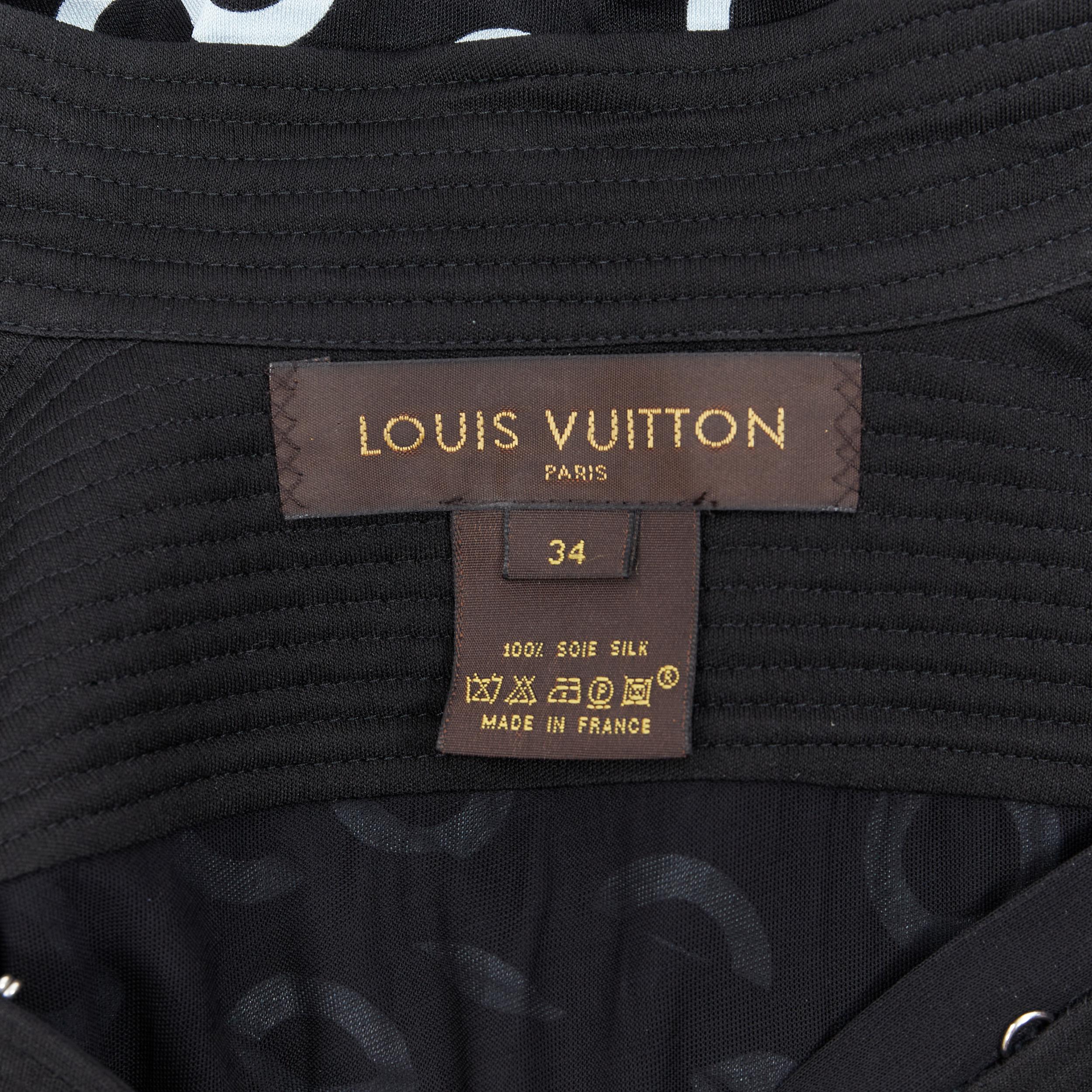 LOUIS VUITTON 100% silk black baby blue spot print belted cocktail dress FR34 S 5